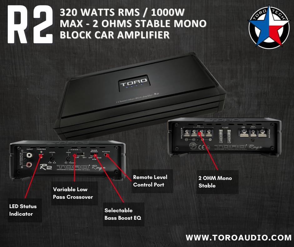 TORO TECH TORO TECH R2, 1000 Watts MAX 320 Watts RMS 2 Stable Monoblock Car Amplifier, Sound Quality Class A/B Design, Built-in Auto Sensing Turn-On, Subwoofer Amplifier