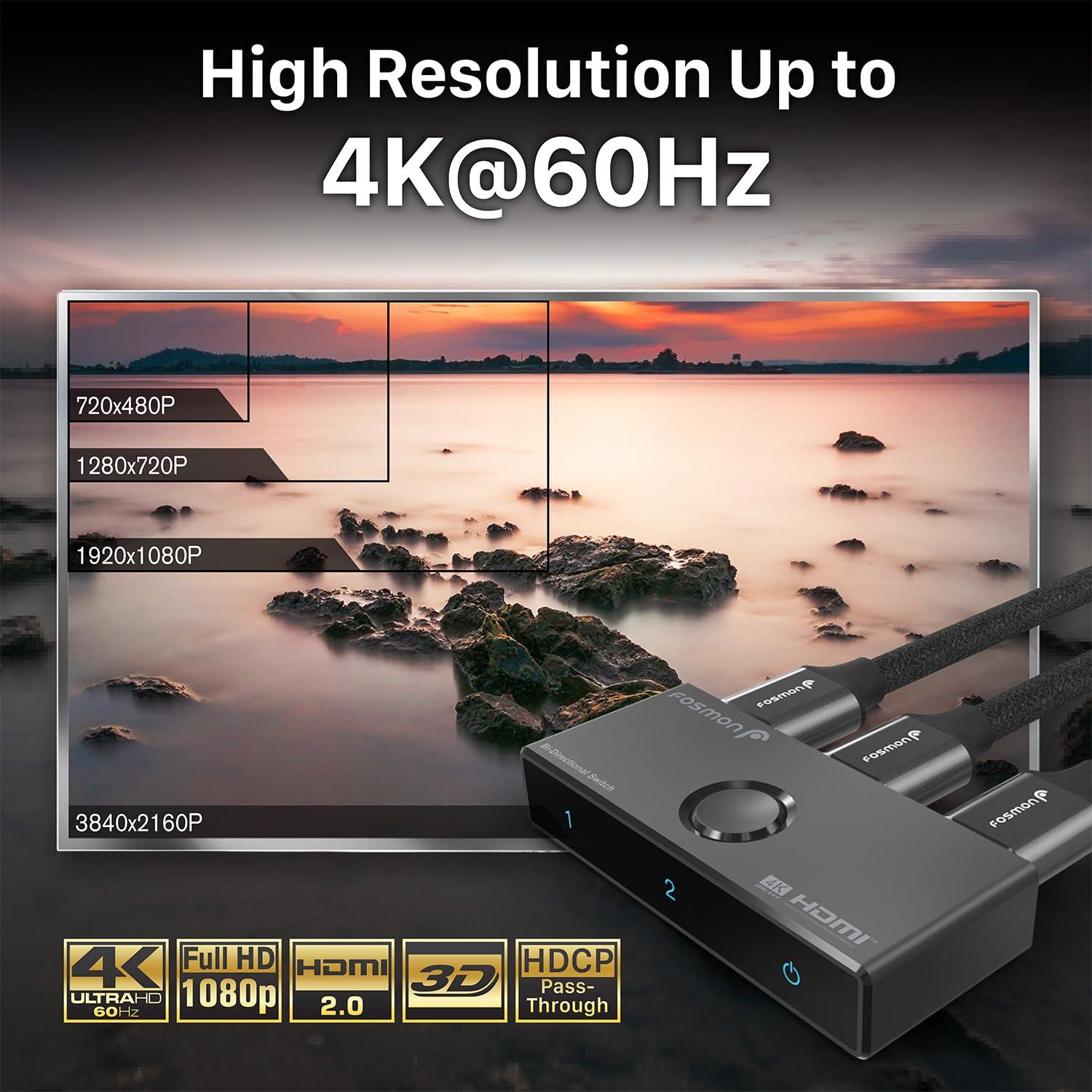 Fosmon Fosmon 4K HDMI Switch 4K@60Hz, Bi-Directional 1 in 2 Out / 2 in 1 Out HDMI Switcher, High Speed 18Gbps Splitter Selector Compatible with PS5, PS4, Xbox, Roku, Apple TV, Fire Stick