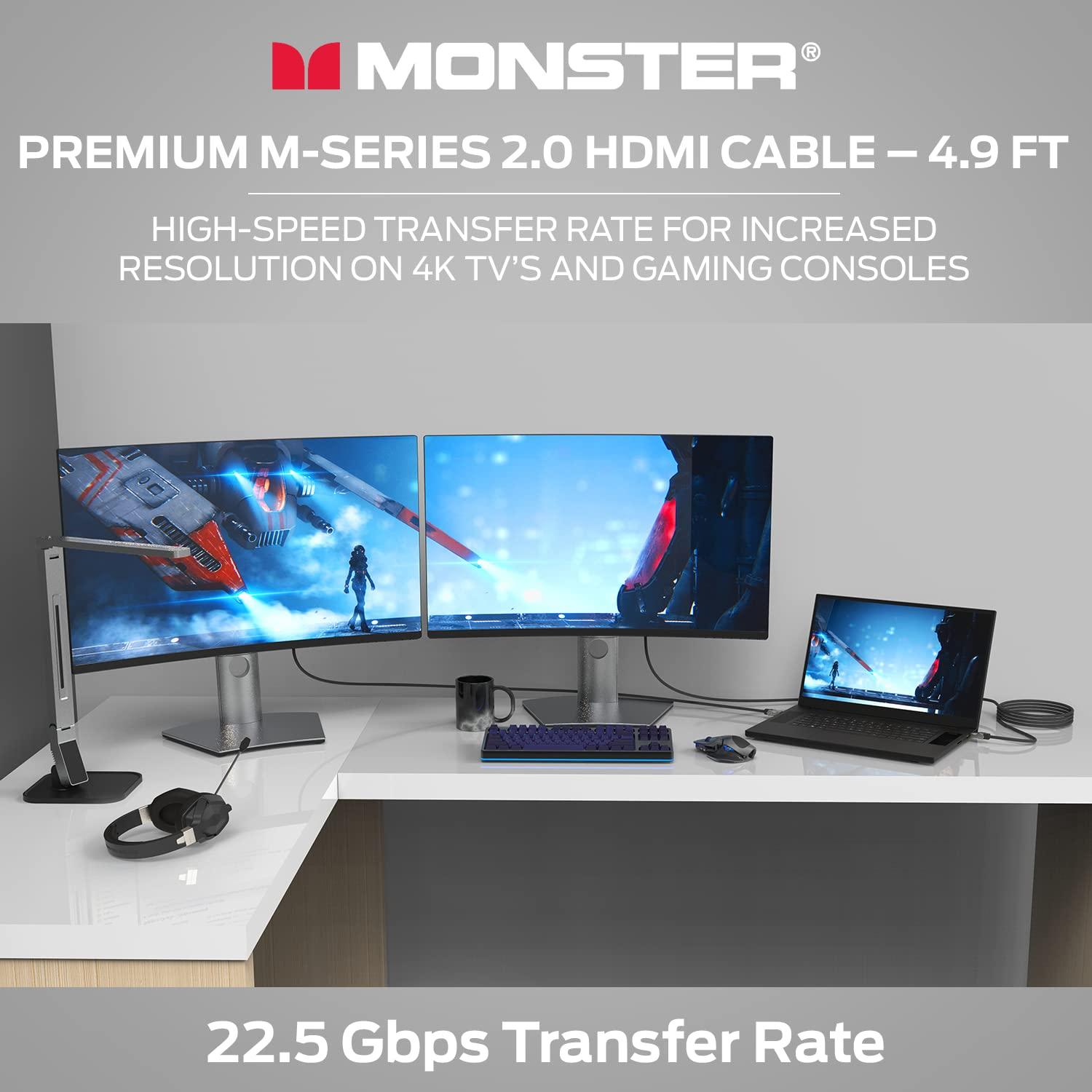 Monster Monster M-Series Certified Premium HDMI Cable 2.0, Features 4K Ultra HD at 60Hz Refresh Rate, Duraflex Jacket, and Triple Layer Shielding, 22.5 Gbps - 4.9 ft