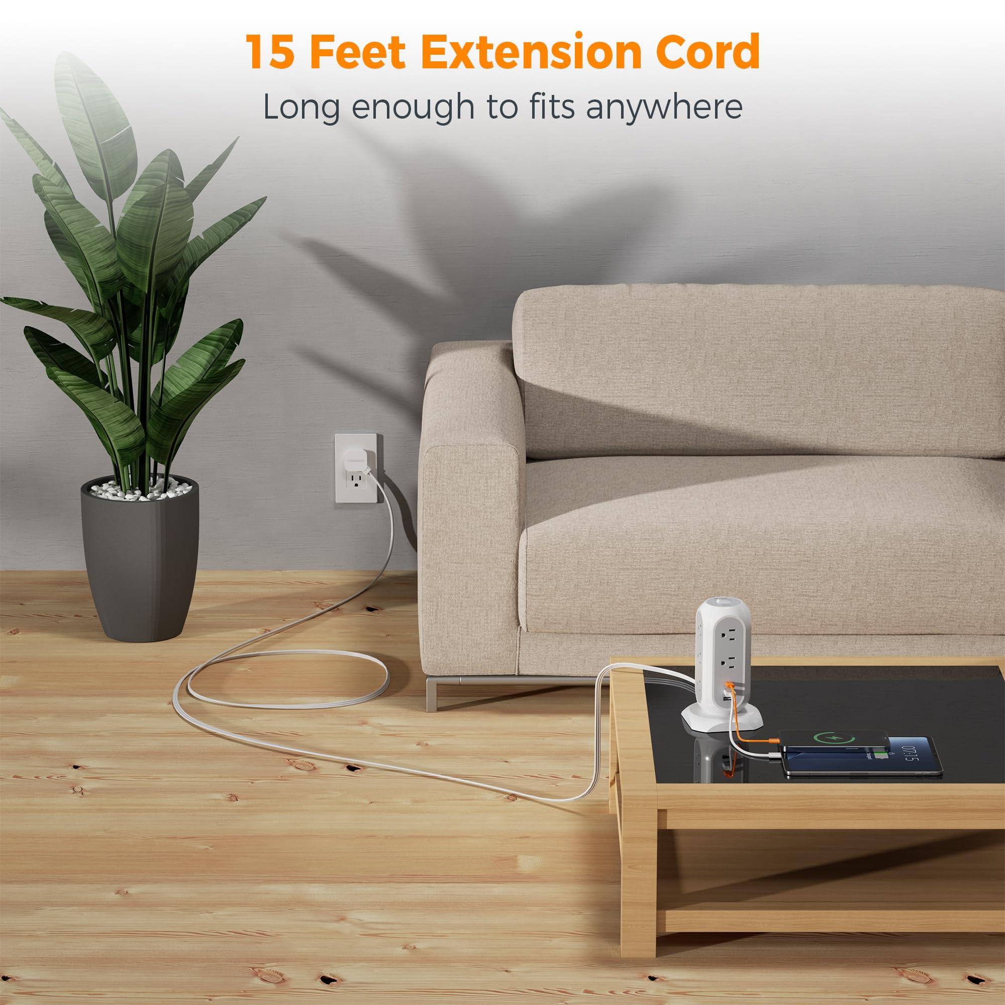 TESSAN 15 ft Extension Cord Tower Power Strip, 11 Outlets 3 USB(1 USB-C) Chargers, TESSAN Surge Protector with Multi Plug Outlet, 1050J Protection, Office Supplies, Desk Accessories, School Dorm Essential