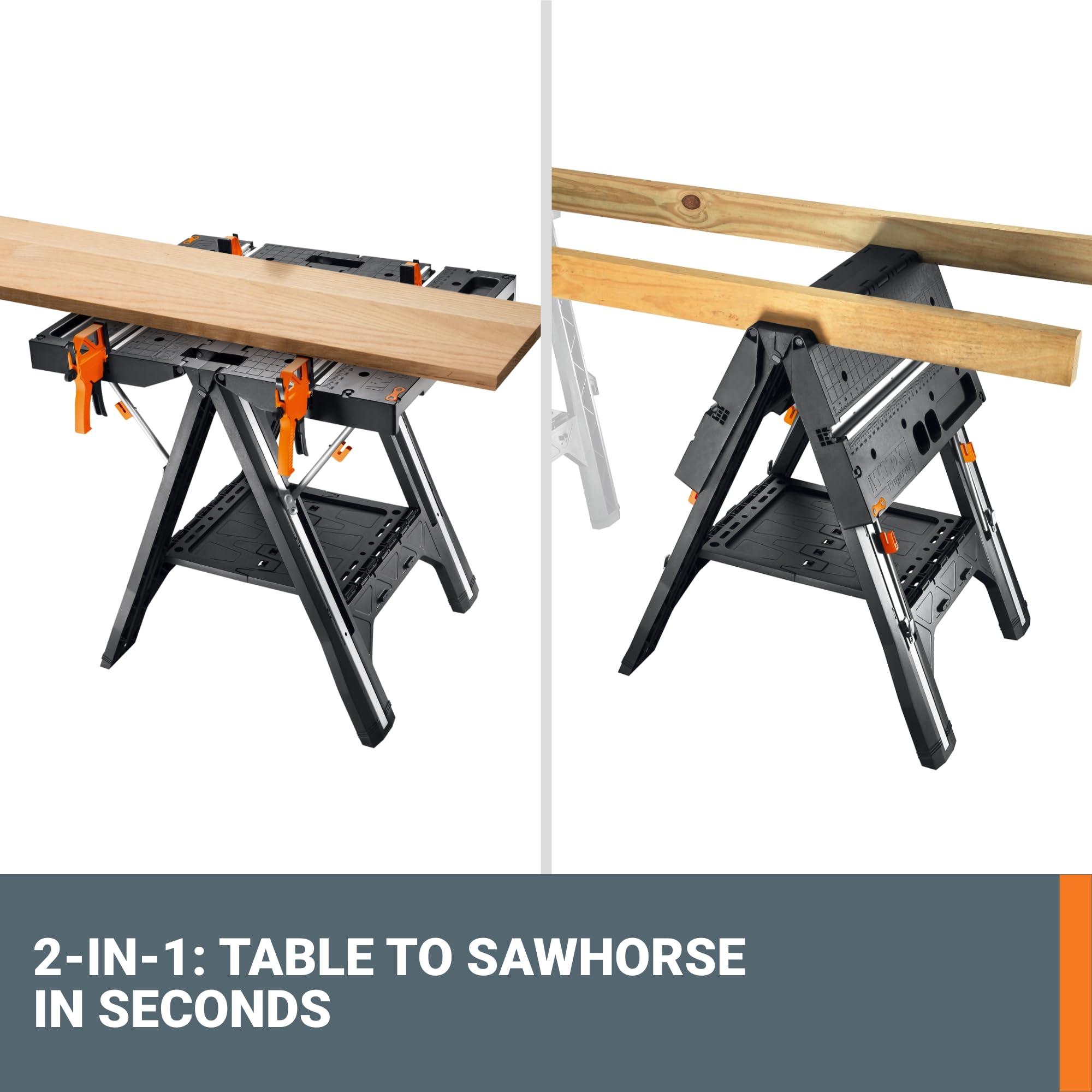 WORX Worx Pegasus 2-in-1 Folding Work Table & Sawhorse, Easy Setup Portable Workbench, 31\" W x 25\" D x 32\" H Lightweight Worktable with Heavy-Duty Load Capacity, WX051 - Includes 2 Clamps & 4 Clamp Dogs