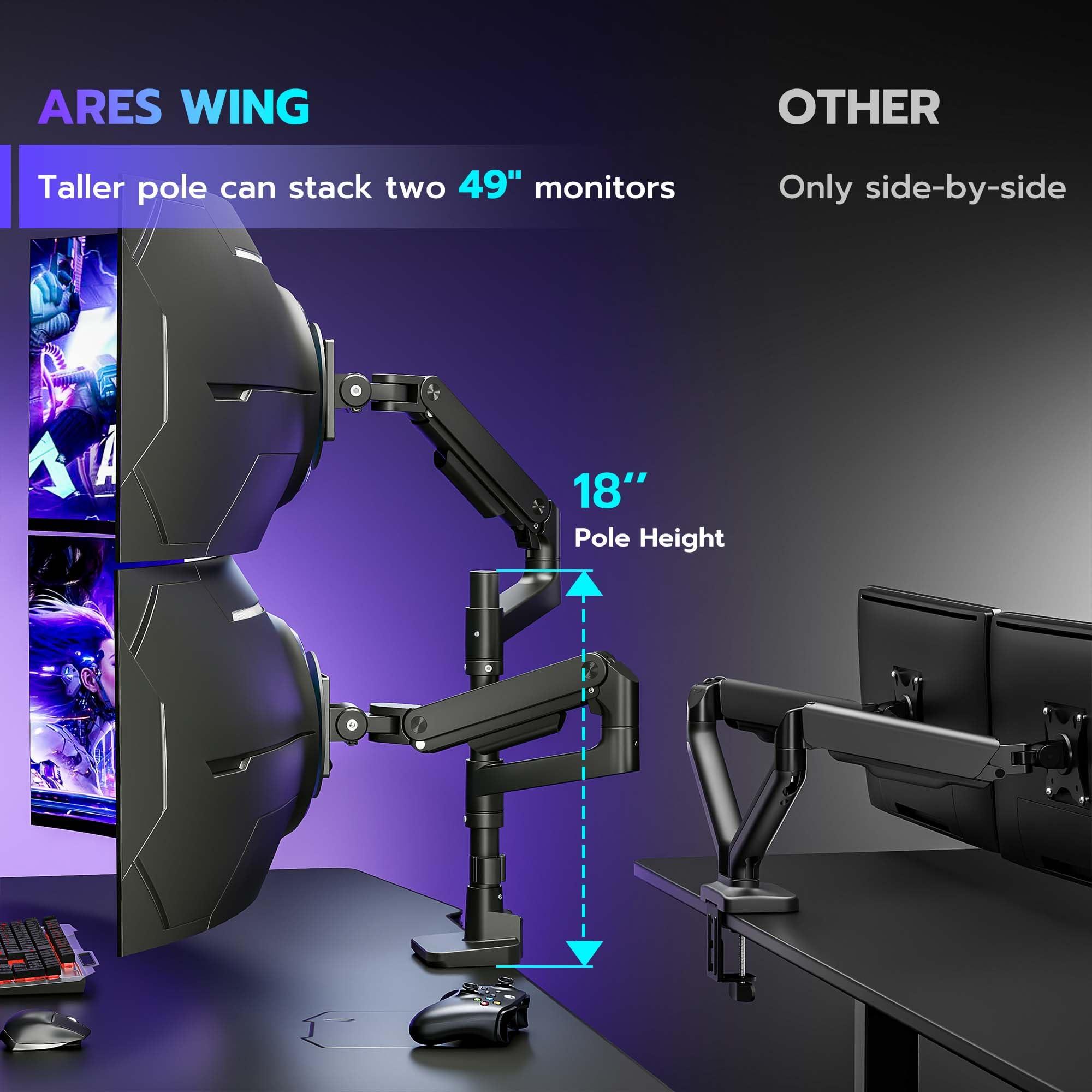 ARES WING ARES WING Dual Monitor Arm Desk Mount for 17-49 Inch Ultrawide Monitors, Heavy Duty Dual Monitor Mount Holds 44 lbs, Full Motion Gas Spring Vertical Stacked Monitor Mount, 75/100 VESA Mount, Black