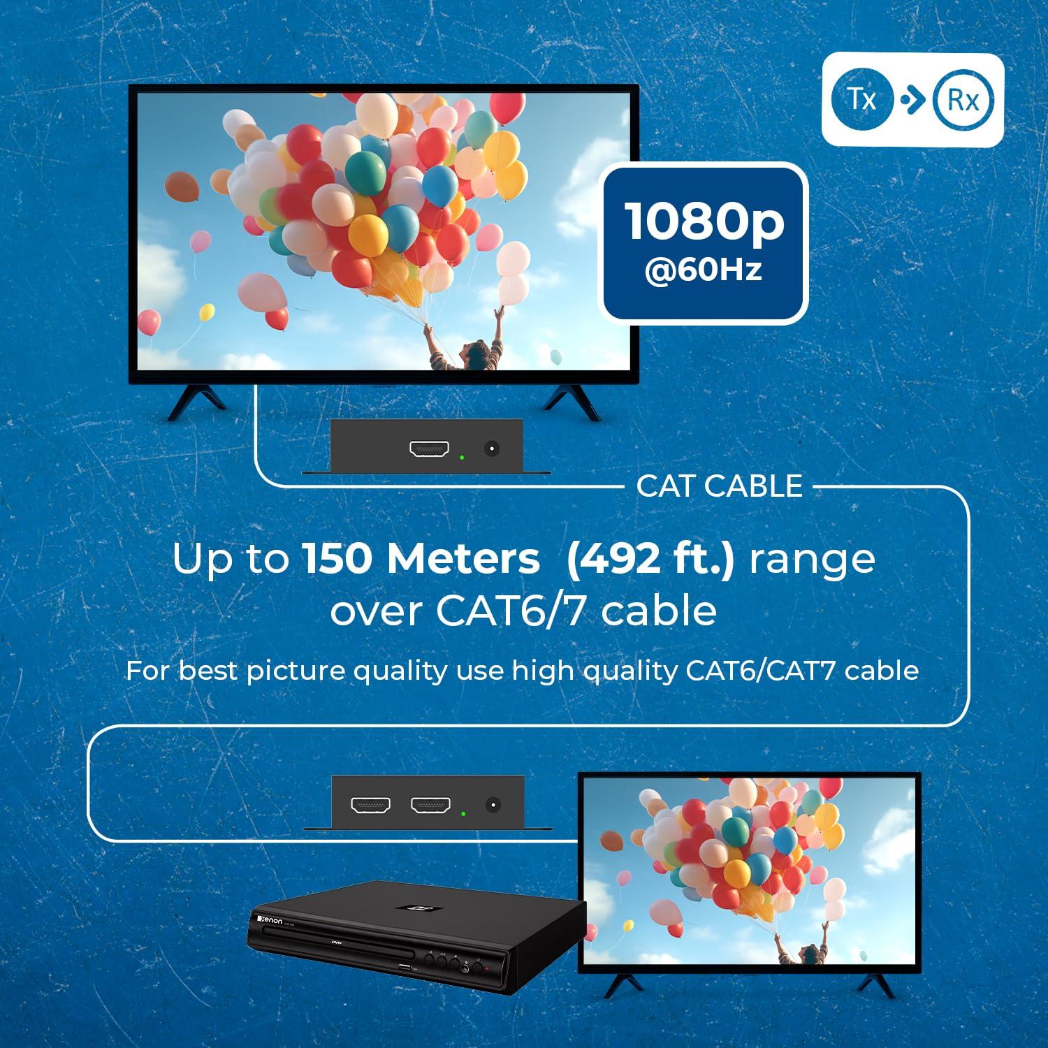 OREI OREI HDMI Over Ethernet Extender with HDMI Loop Out, Bi-Directional IR, and PCM2.0 Audio Extend 1080p@60Hz Up to 492ft Over CAT6/7