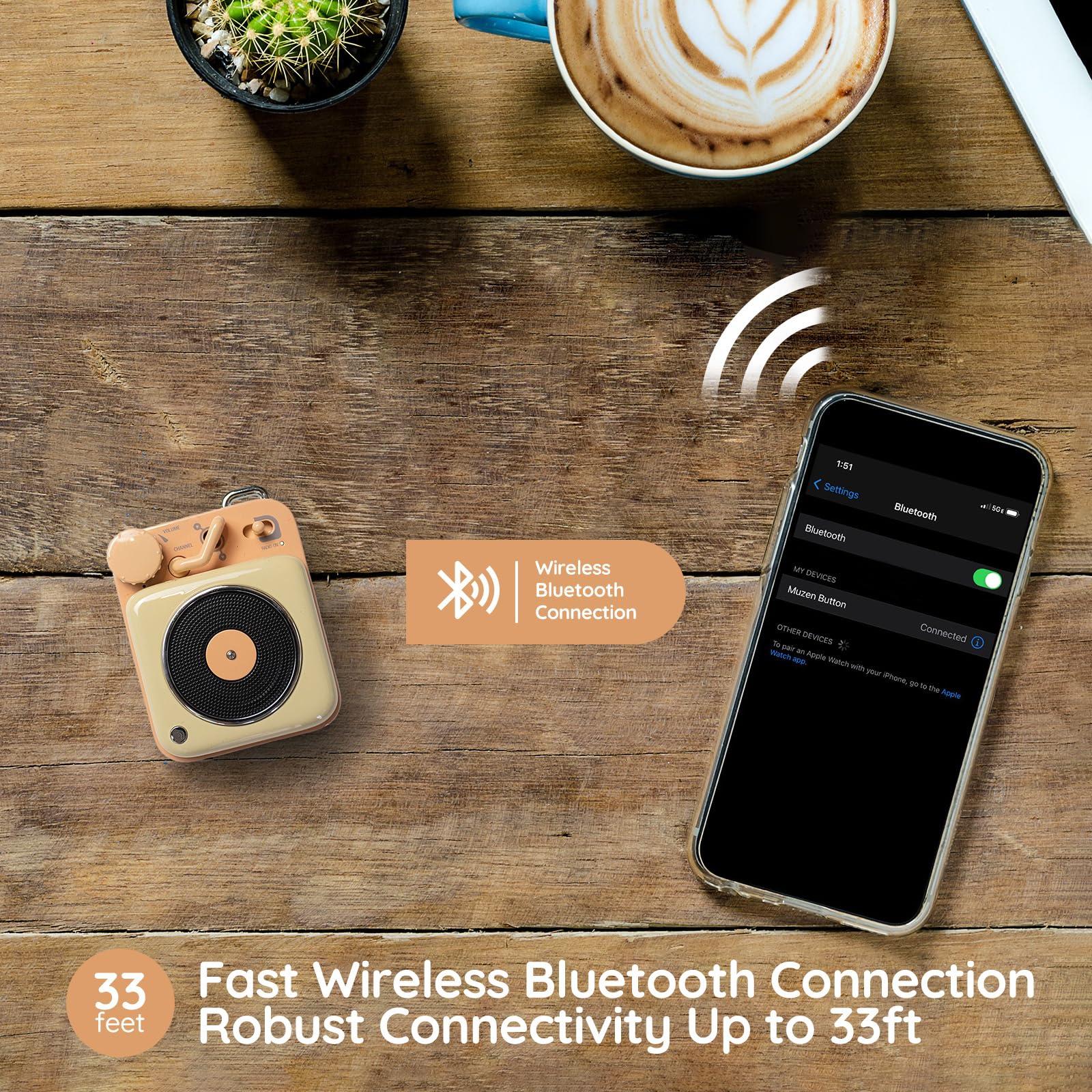 Muzen Muzen Mini Bluetooth Speaker, Button Portable Metal Small Cute Wireless Speaker, Rechargeable HiFi Loud Volume Audio Speaker with Portable Lanyard and Gift Box, Classic Retro Decor Gift