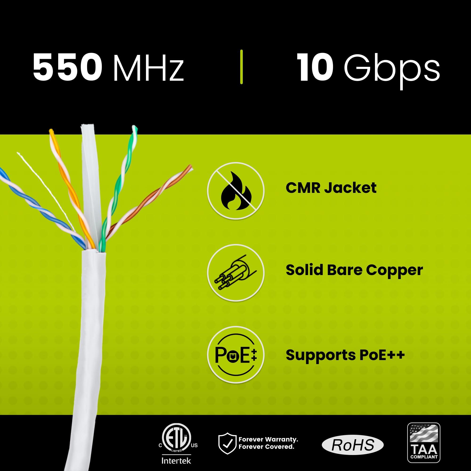 TRUE CABLE trueCABLE Cat6 Riser (CMR), 500ft, White, 23AWG 4 Pair Solid Bare Copper, 550MHz, PoE++ (4PPoE), ETL Listed, Unshielded Twisted Pair (UTP), Bulk Ethernet Cable