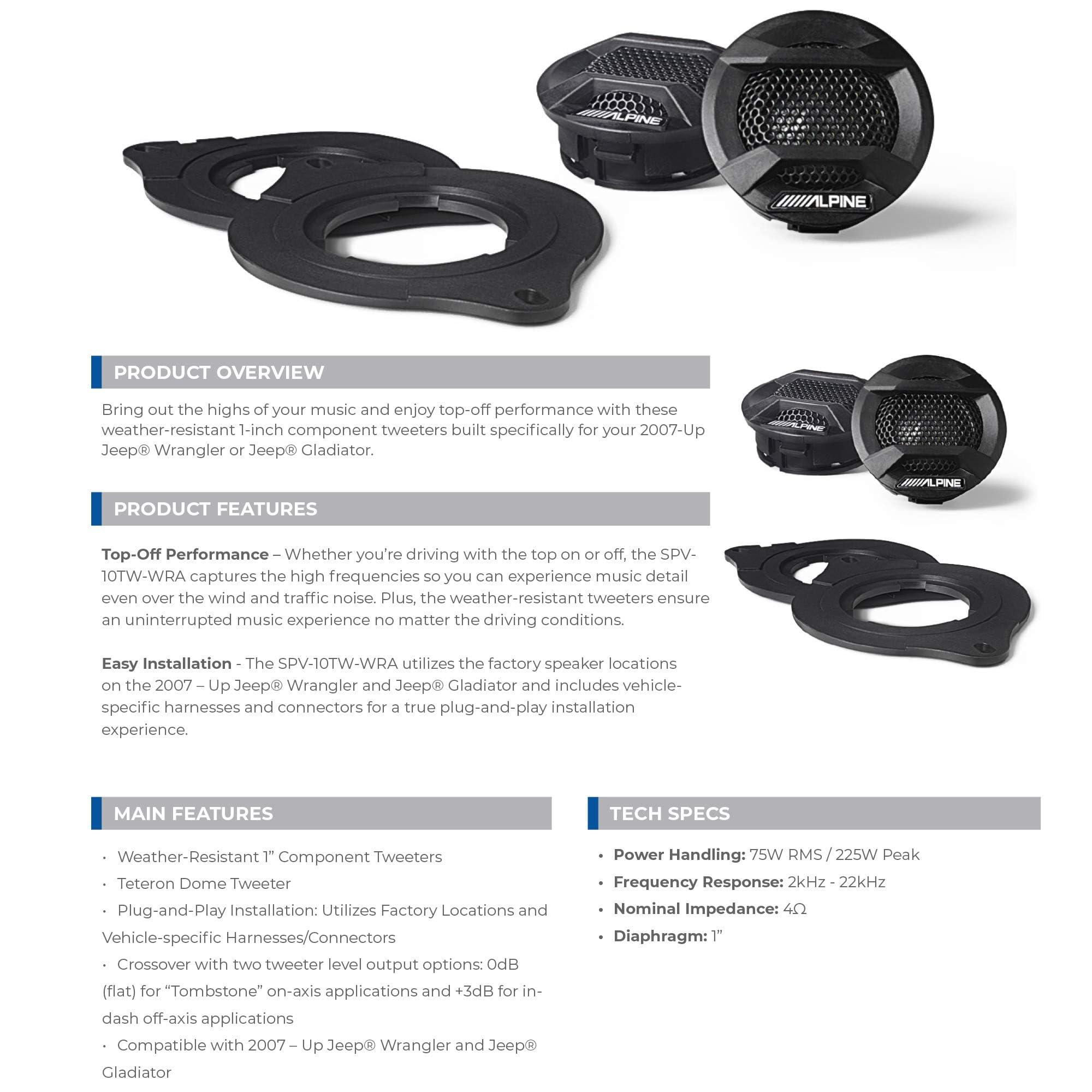 Alpine Alpine SPV-10TW-WRA Weather-Resistant 1 Component Tweeters for 2007+ Wrangler JK/JL & Gladiator JT