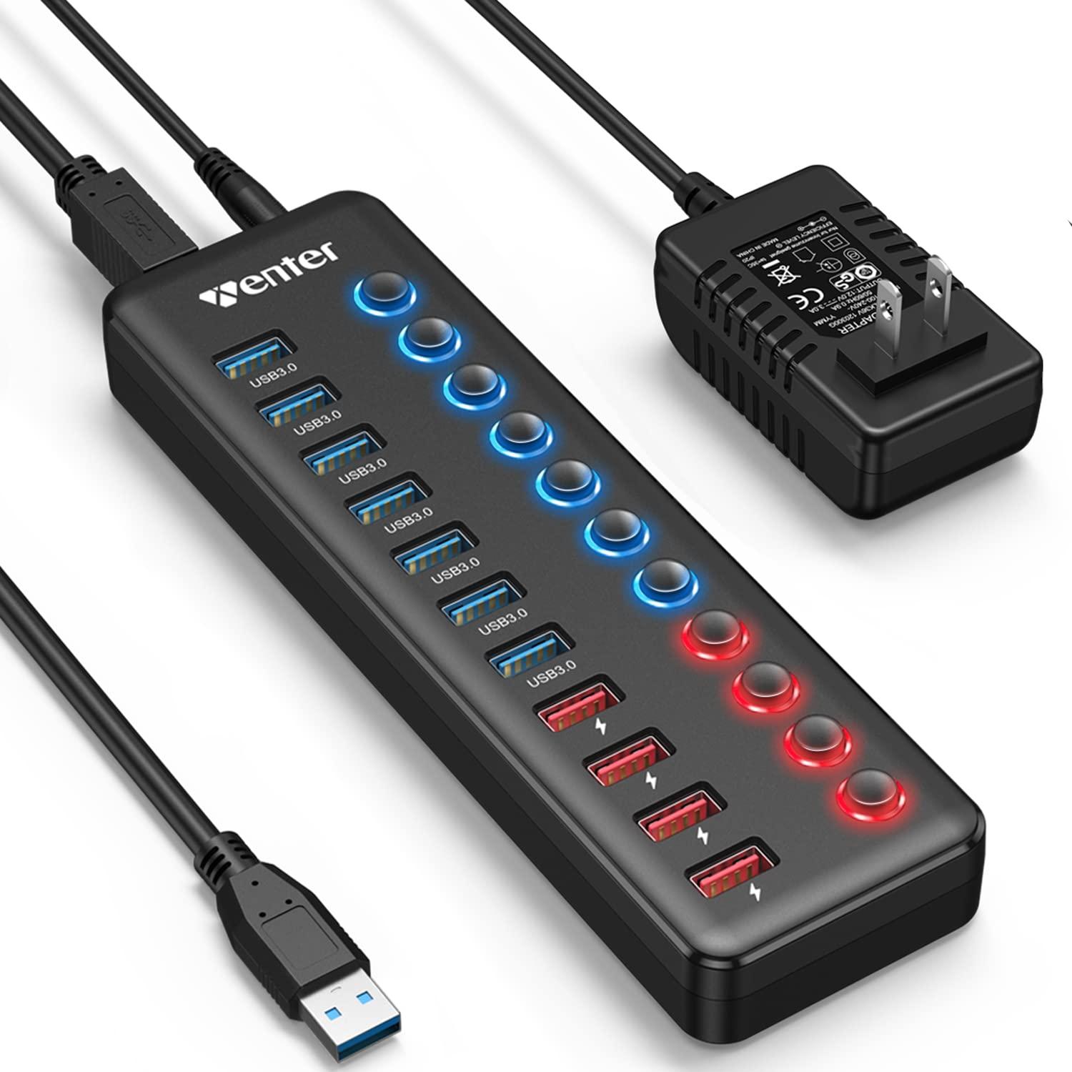 WENTER Powered USB 3.0 Hub, Wenter 11-Port Hub Splitter (7 Faster Data Transfer Ports+ 4 Smart Charging Ports) with Individual LED On/Off Switches, Power Adapter for Mac, PC