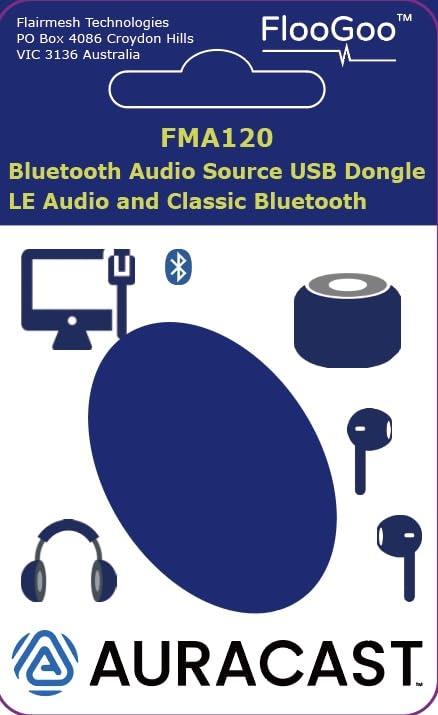 FLOOGOO FlooGoo FMA120 Bluetooth 5.4 Dual-Mode Dongle Supports aptX Lossless, Low-Latency Gaming, Auracast & A2DP-to-Auracast Relay, LE Audio, Hearing Aids, Microsoft Teams, and PS4/PS5/Nintendo Switch