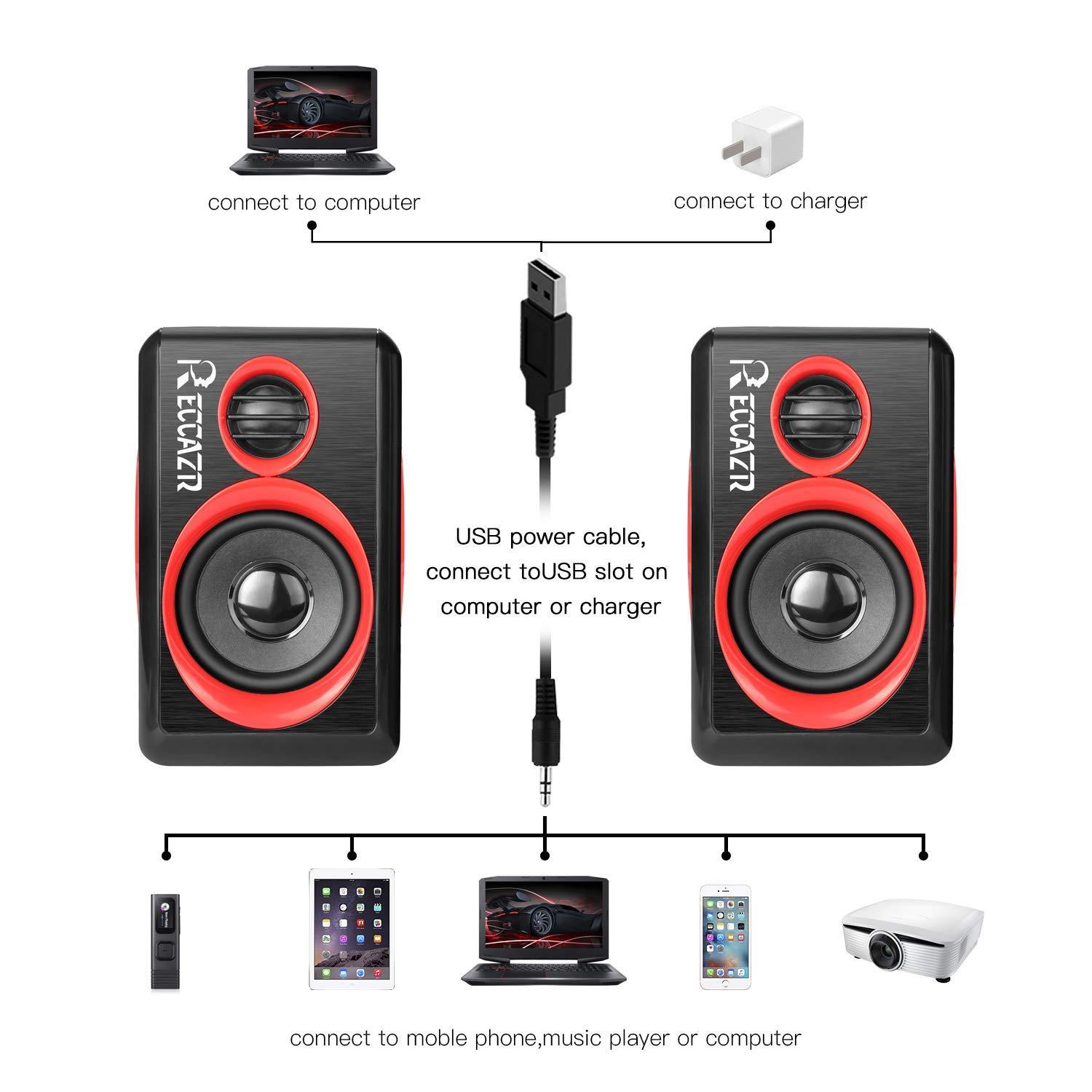 RECCAZR Computer Speakers, 2.0 CH PC Speakers with Surround Sound, USB Wired Laptop Speakers with Deep Bass for Desktop Computer/PC/Laptops/Smart Phone Build-in 4 Loudspeaker Diaphragm Reccazr SP2040|RED