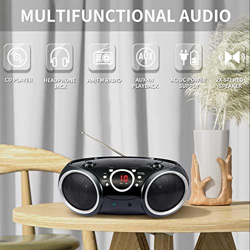SINGING WOOD SINGING WOOD 030C Portable CD Player Boombox AM FM Analog Tuning Radio, Aux Line in, Headphone Jack, Foldable Carrying Handle (Black with a Touch of Grey Rims)