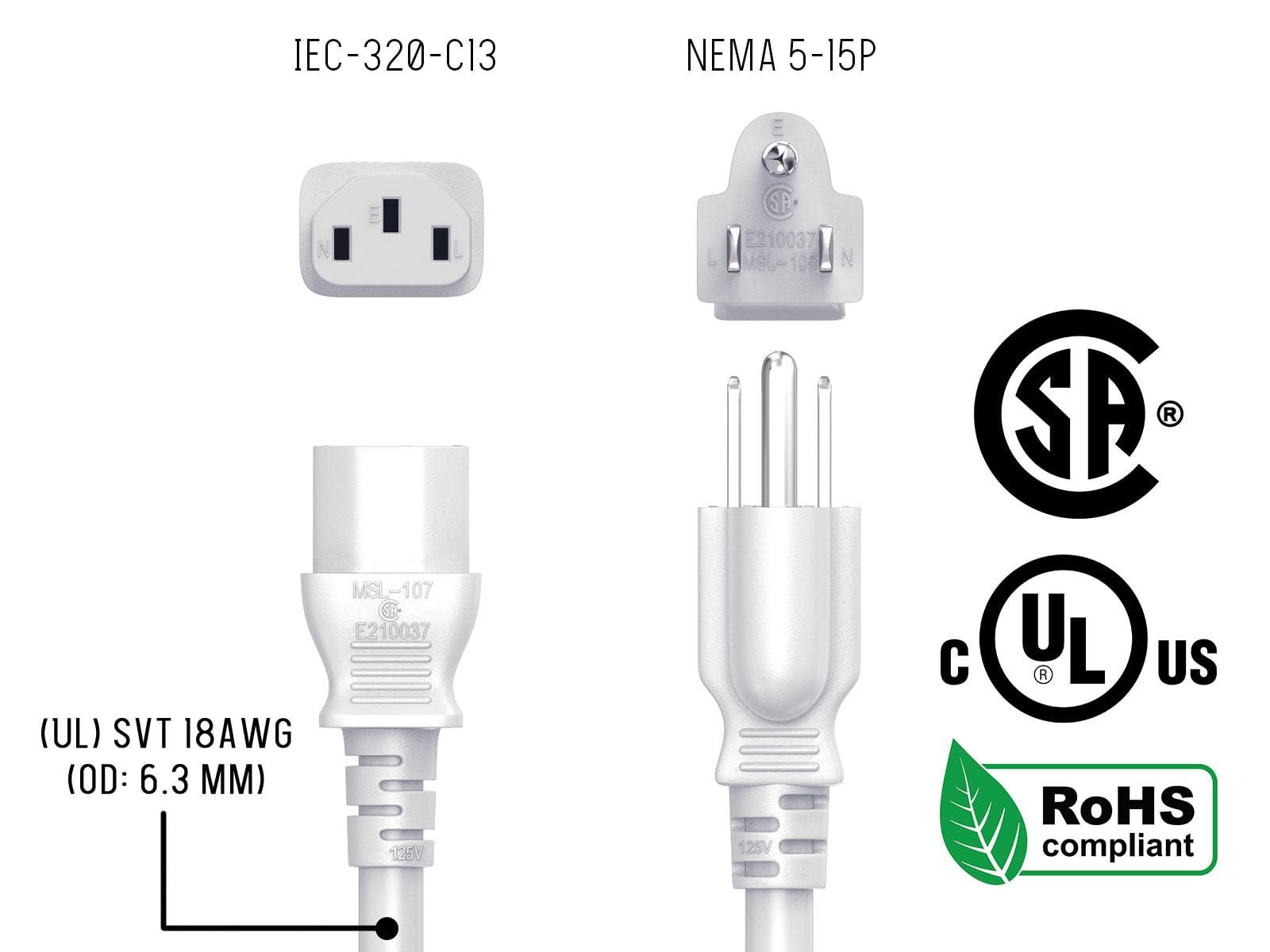 Cable Leader CableLeader 3ft 18 AWG Universal Power Cord IEC320 C13 to NEMA 5-15P, Extension Power Cord, Compatible with Computers, Monitors, Printers & TVs, White