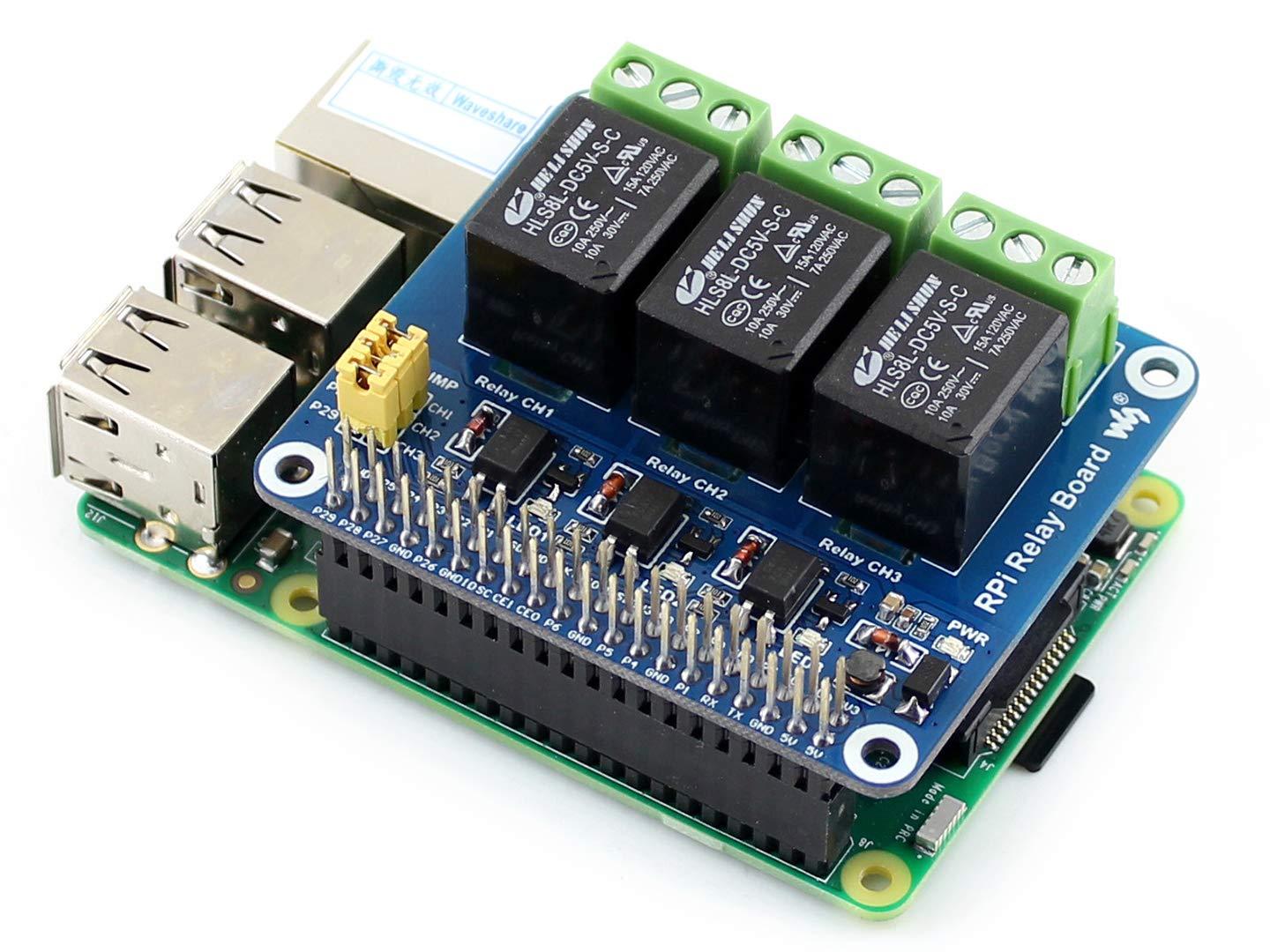 waveshare 3-CH RPi Relay Board RPi Expansion Board, Three Channel Power Relay Module Compatible with Raspberry Pi 5/4B/3B+/3B/Pi Zero W/Zero 2W/Pico/Pico W/Pico 2/Pico 2W, Loads up to 5A 250V AC or 5A 30V DC