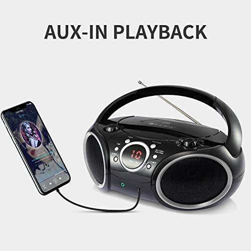 SINGING WOOD SINGING WOOD 030C Portable CD Player Boombox AM FM Analog Tuning Radio, Aux Line in, Headphone Jack, Foldable Carrying Handle (Black with a Touch of Grey Rims)