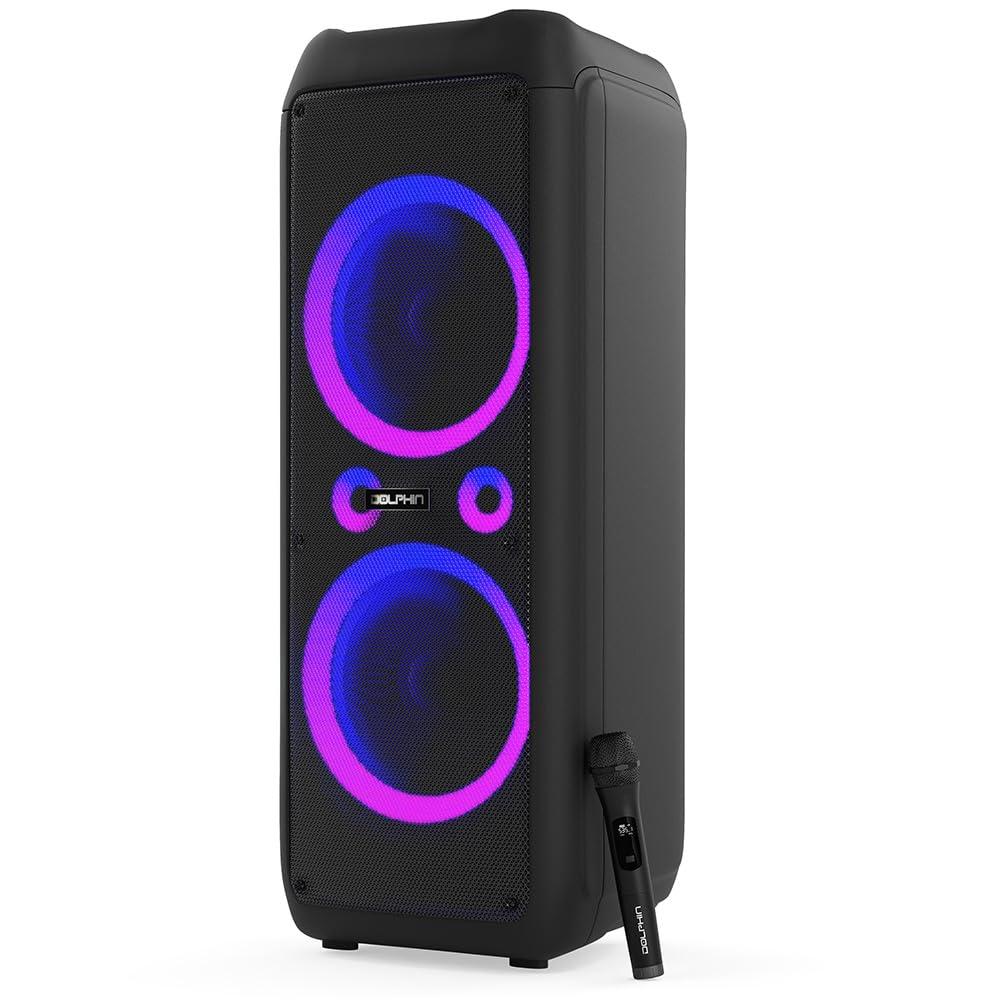 Dolphin Dolphin SP-1270RBT Dual 12-Inch Premium Party Bluetooth Speaker, Bluetooth/USB/SD/FM/AUX, X-Bass, 5-Band EQ, LED Display, Quad Ring Lights