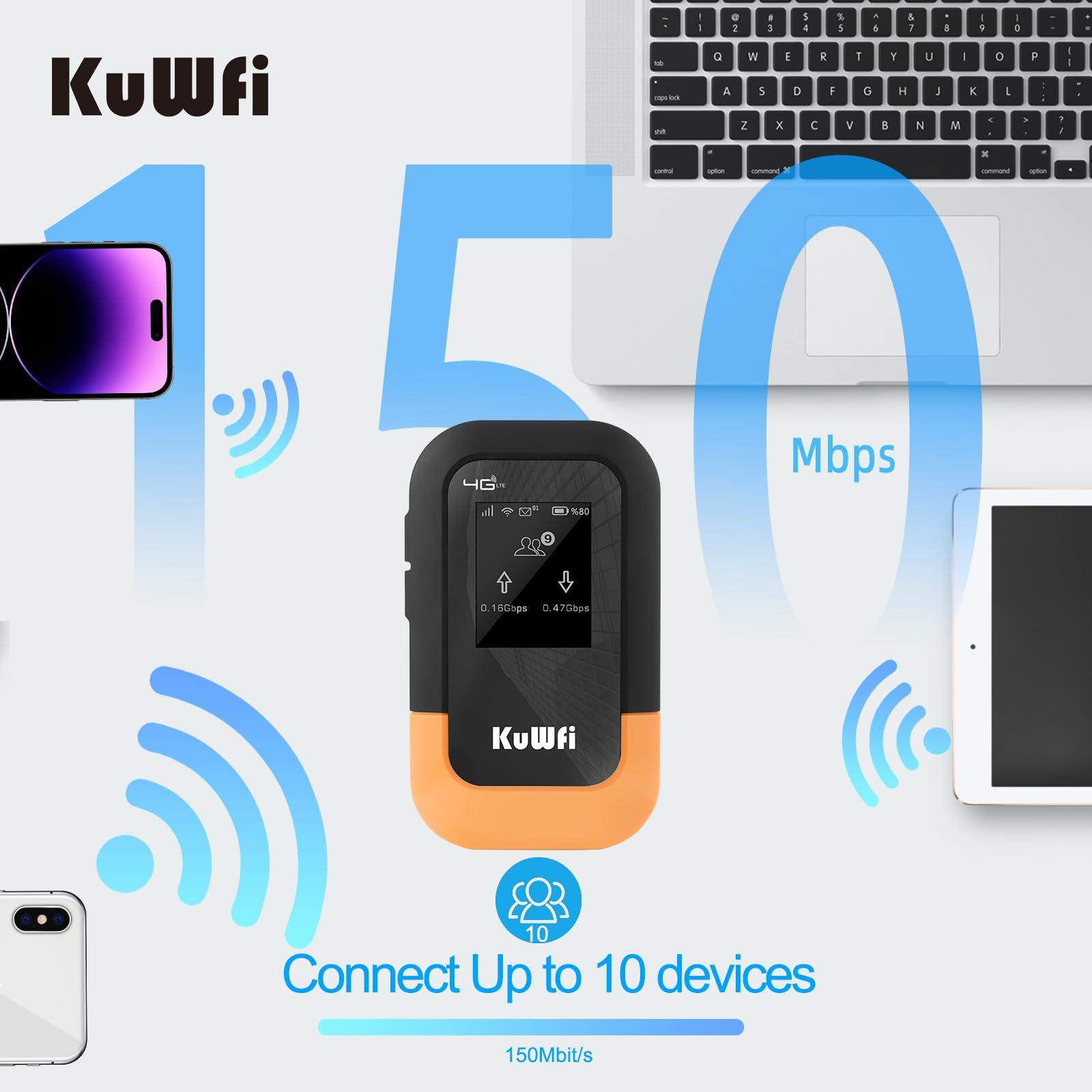 KuWFi KuWFi 4G LTE WiFi Mobile Hotspot Device, 150Mbps WiFi Hotspot Portable Travel Router Includes 2G Data, Portable WiFi Hotspot for Travel Support 10 Devices, AT&T T-Mobile, B2/B4/B5/B12/B13/B66