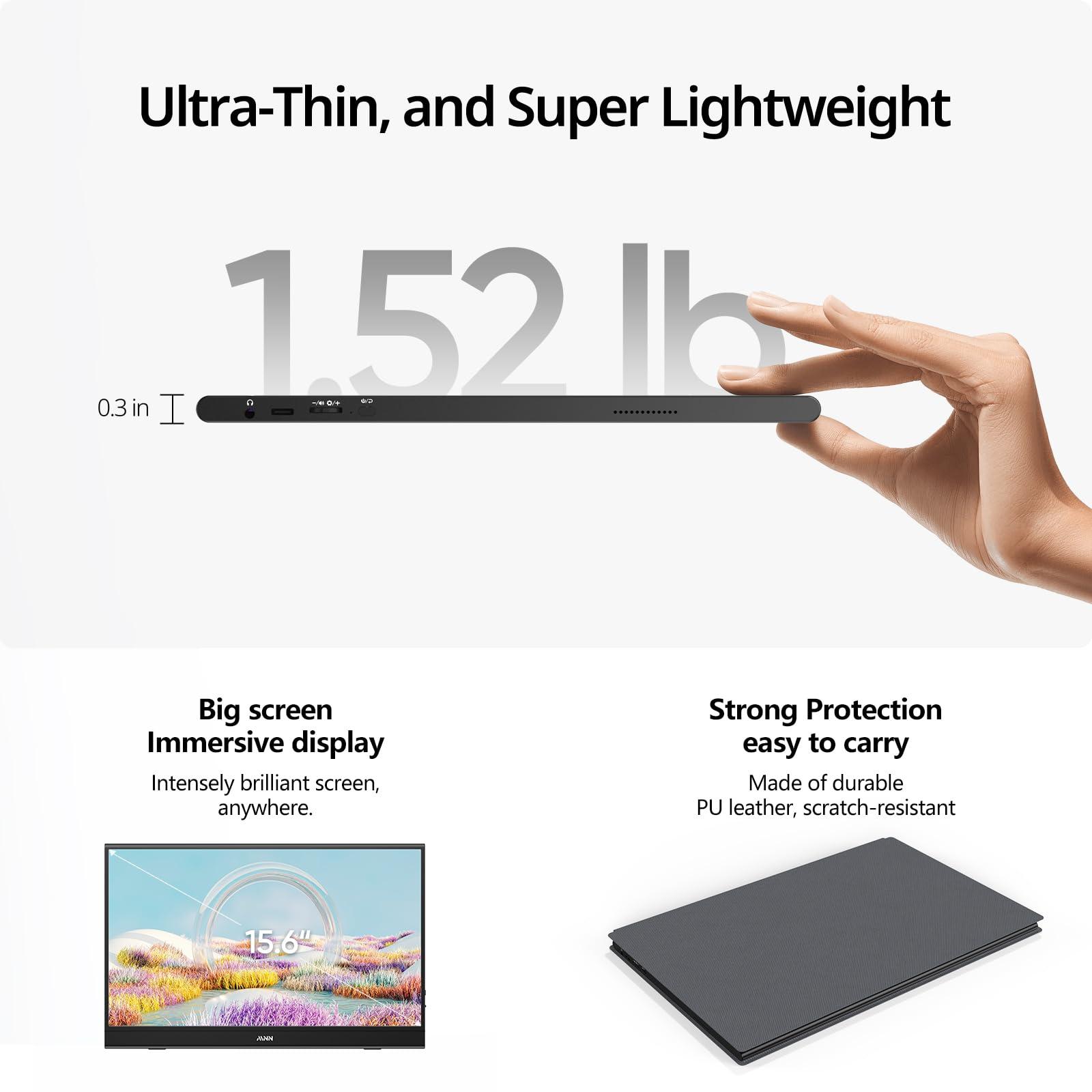 MNN MNN Portable Monitor 15.6inch FHD 1080P USB C HDMI Gaming Ultra-Slim IPS Display w/Smart Cover & Speakers,HDR Plug&Play, External Monitor for Laptop PC Phone Mac (15.6'' 1080P)