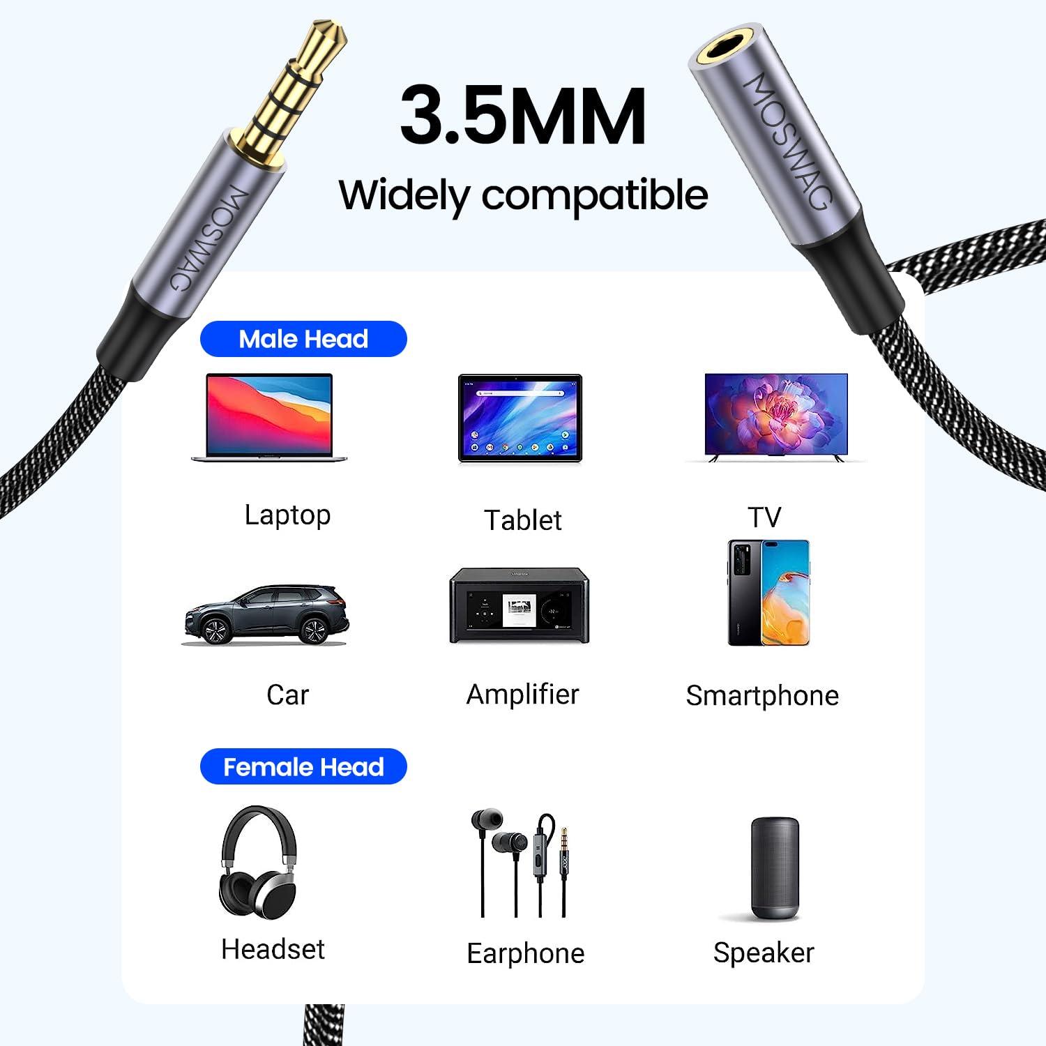 MOSWAG MOSWAG 10FT/3Meter Long 3.5mm Extension TRRS 4-Pole Headphone Cable Male to Female Audio Cable Nylon Braided Compatible for Home/Car Stereos Smartphones Headphones Tablets Media Players and More