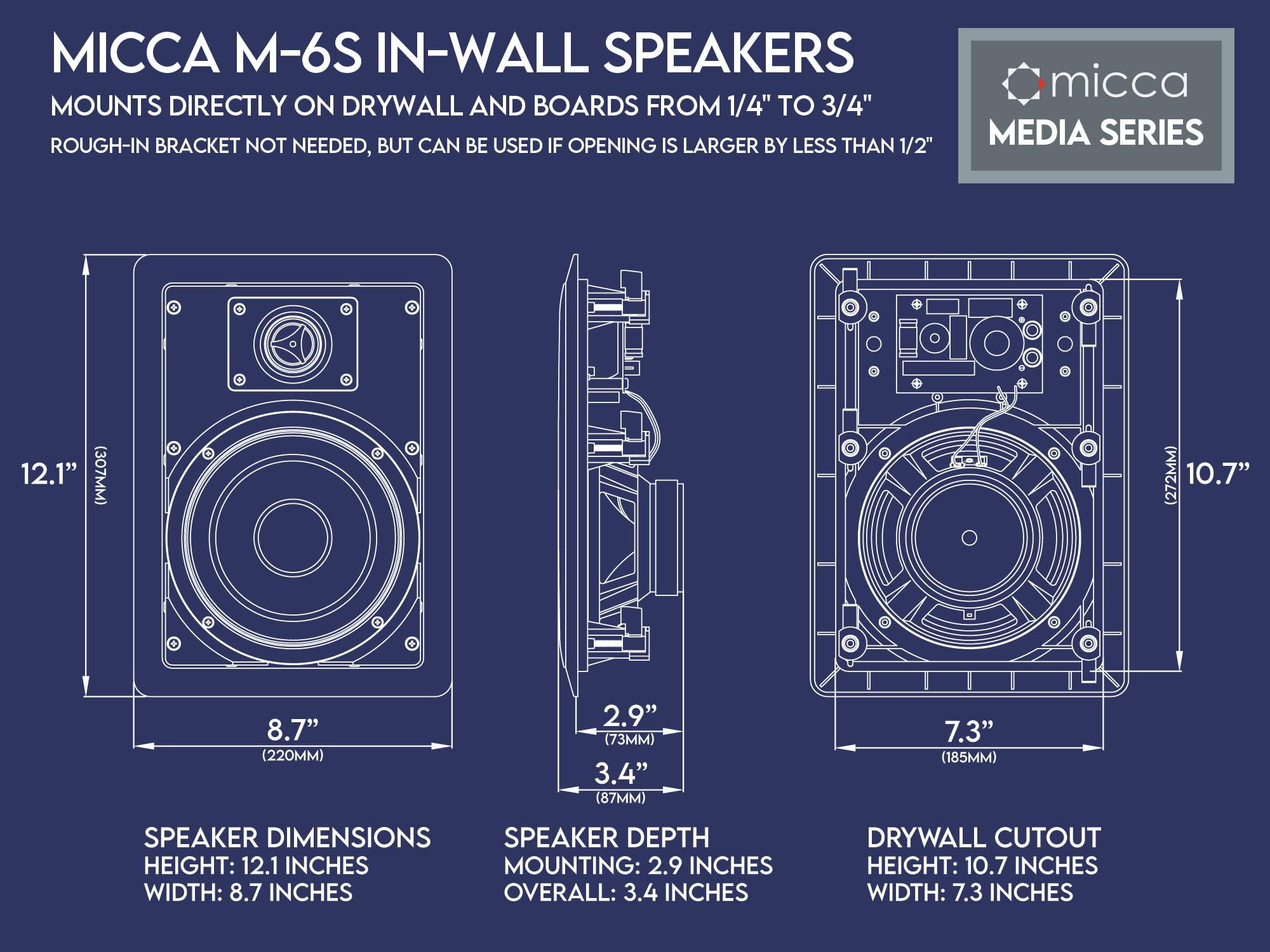 Micca Micca M-6S 2-Way in-Wall Speaker, 7.3\"(W) by 10.7\"(H) Cutout, Home Theater, Whole House Audio, Indoor or Covered Outdoor, 6.5\" Woofer, 1\" Tweeter, White, Paintable, Each