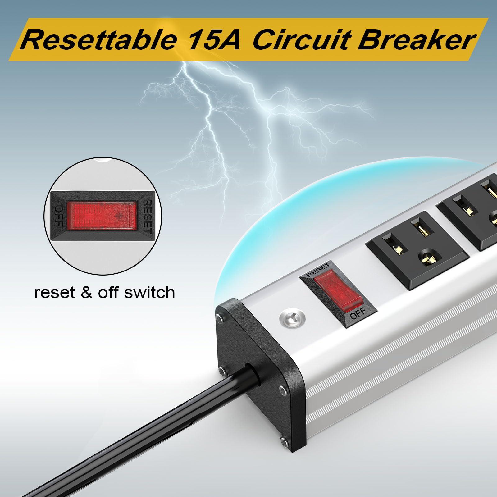 Kungfuking Long Power Strip 24-Outlet ETL Certified Heavy Duty Metal Power Strip 10 ft Extension Cord with Multiple Outlets Garage Workshop Commercial Industrial Power Strip