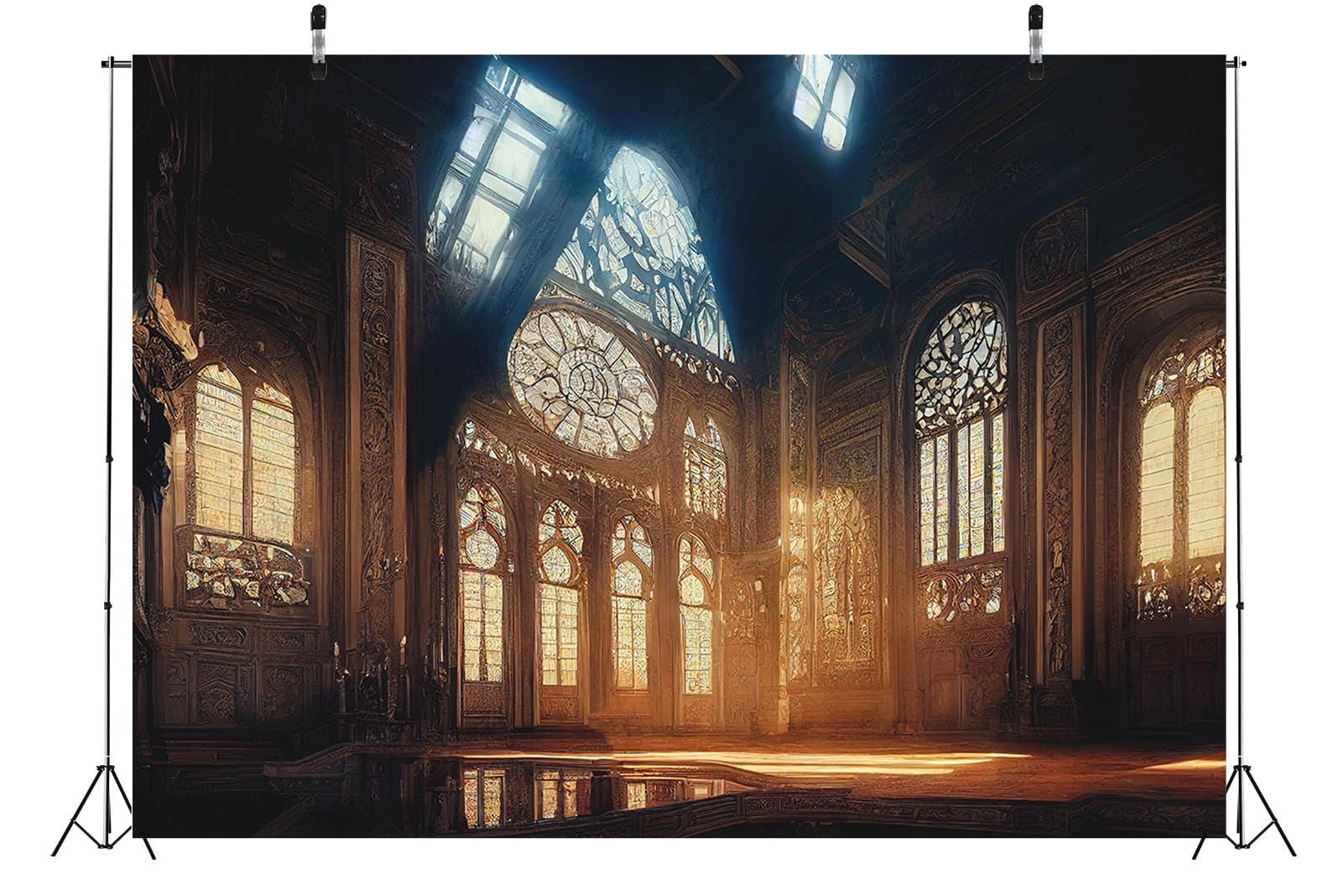 Loccor Loccor 7x5ft Fabric Gothic Castle Interior Backdrop for Photography Medieval Castle Architecture Retro Arch Glass Windows Background for Gothic Wedding Party Decor Artistic Photo Studio Props