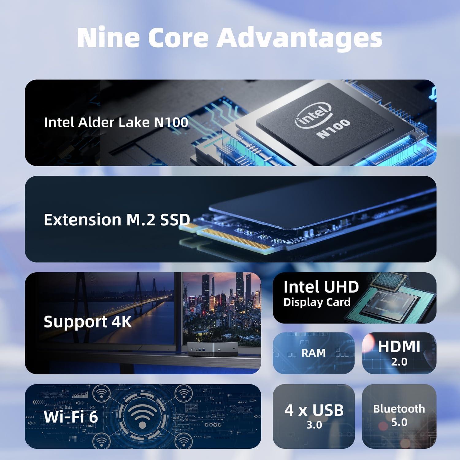 CyberGeek CyberGeek Nano A1 Mini PC Desktop Computer, Intel 12th Alder Lake N100 (up to 3.4GHz), Micro PC 8GB DDR4 RAM 128GB PCIe SSD, Small Computer with 4K Dual HDMI/USB3.0/WiFi 6/BT5.2/RJ45/VESA Office/Home