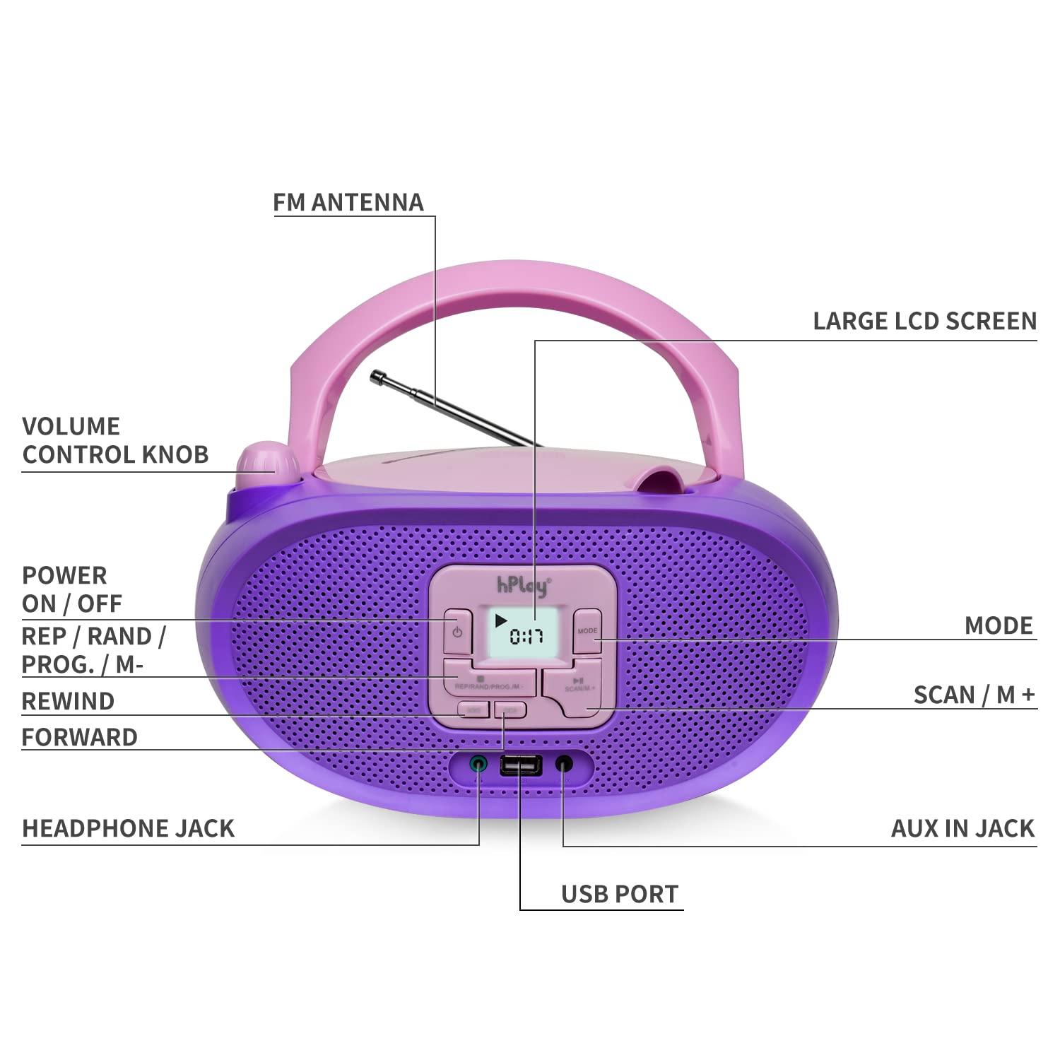 hPlay hPlay Gummy GC04B Portable CD Player Boombox with Digital Tunning FM Stereo Radio Kids CD Player Bluetooth USB LCD Display, Front Aux-in Port & Headphone Jack, Supported AC or Battery Powered- Violet