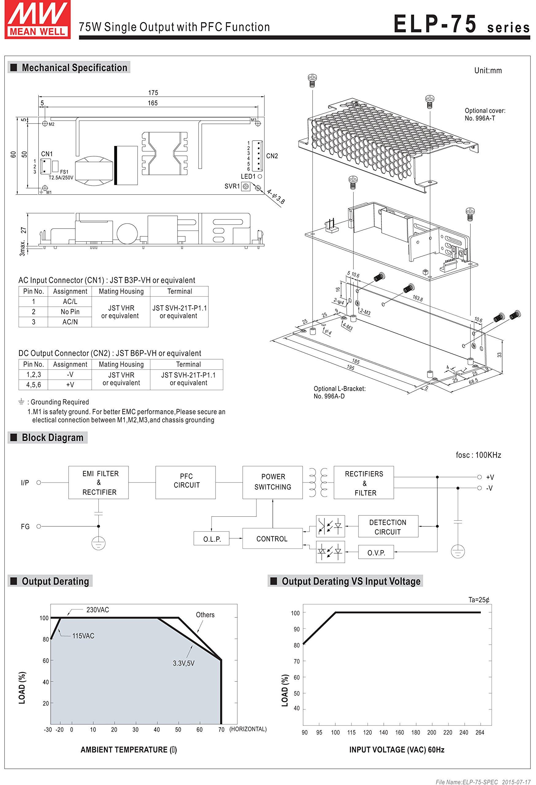 MEAN WELL [PowerNex] Mean Well ELP-75-15 15V 5A 75W Single Output Switching with PFC Funtion Power Supply