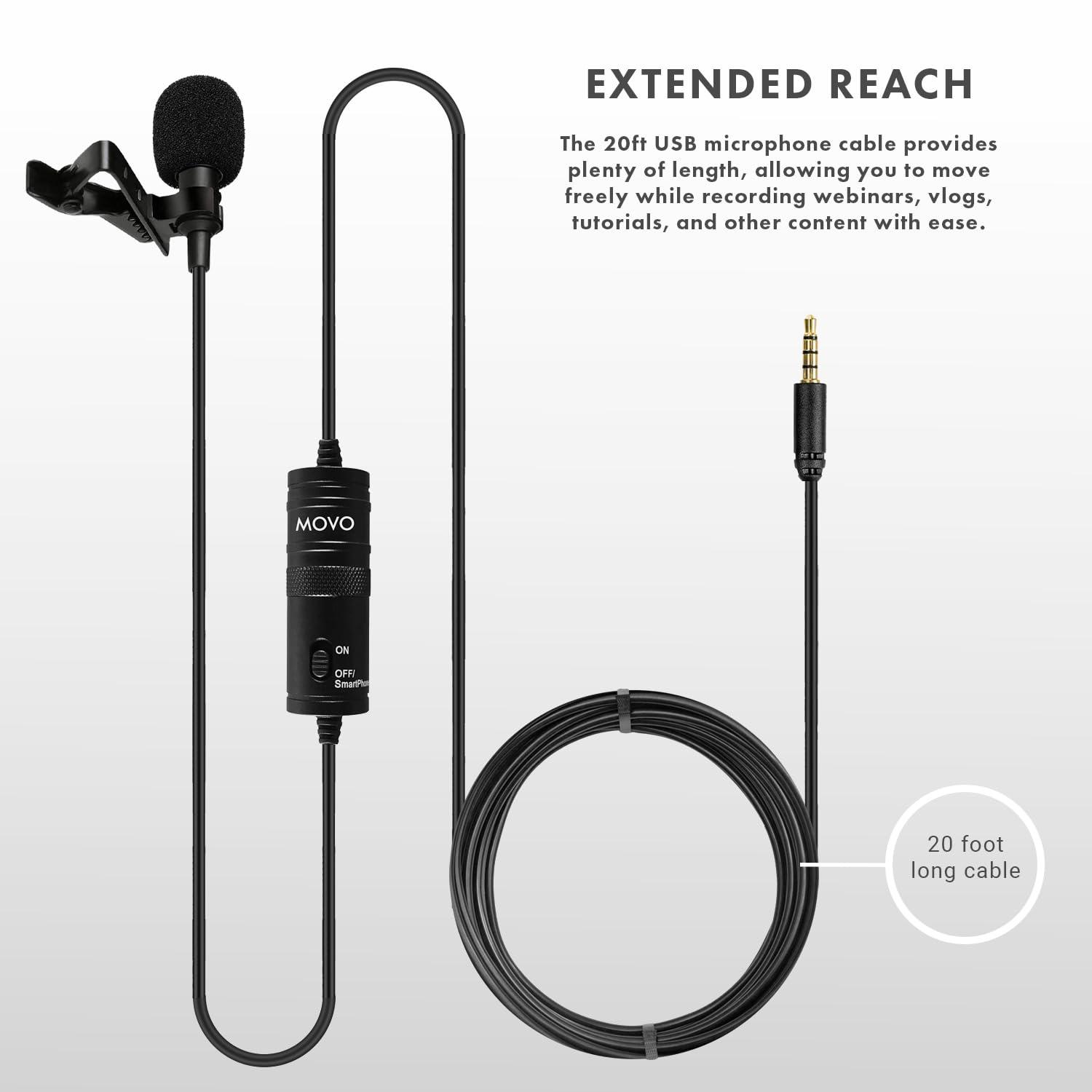 Movo Movo LV1-USB Lavalier Microphone for Camera, Lapel for iPhone and Android Smartphones, Body Lav Mic, Clip On Microphone for 3.5mm, Shirt Lapel Mic for Phone, GoPro, Interview, Computer, PC