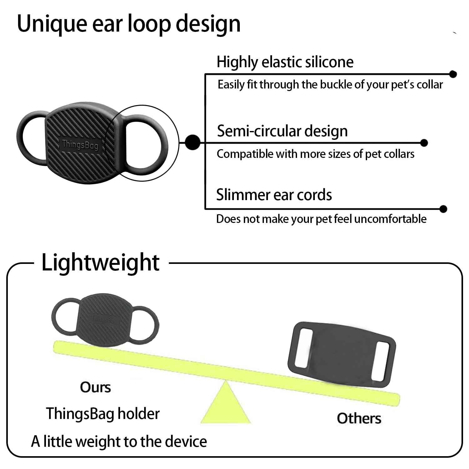 ThingsBag Dog Collar Airtag Holder(2 Pack), Waterproof Companion of Air Tag Trackers Locator Case, Protective itag Apple GPS Holder Compatible with Cat Collars, Silicone Dog airtag Holder(Black Black)