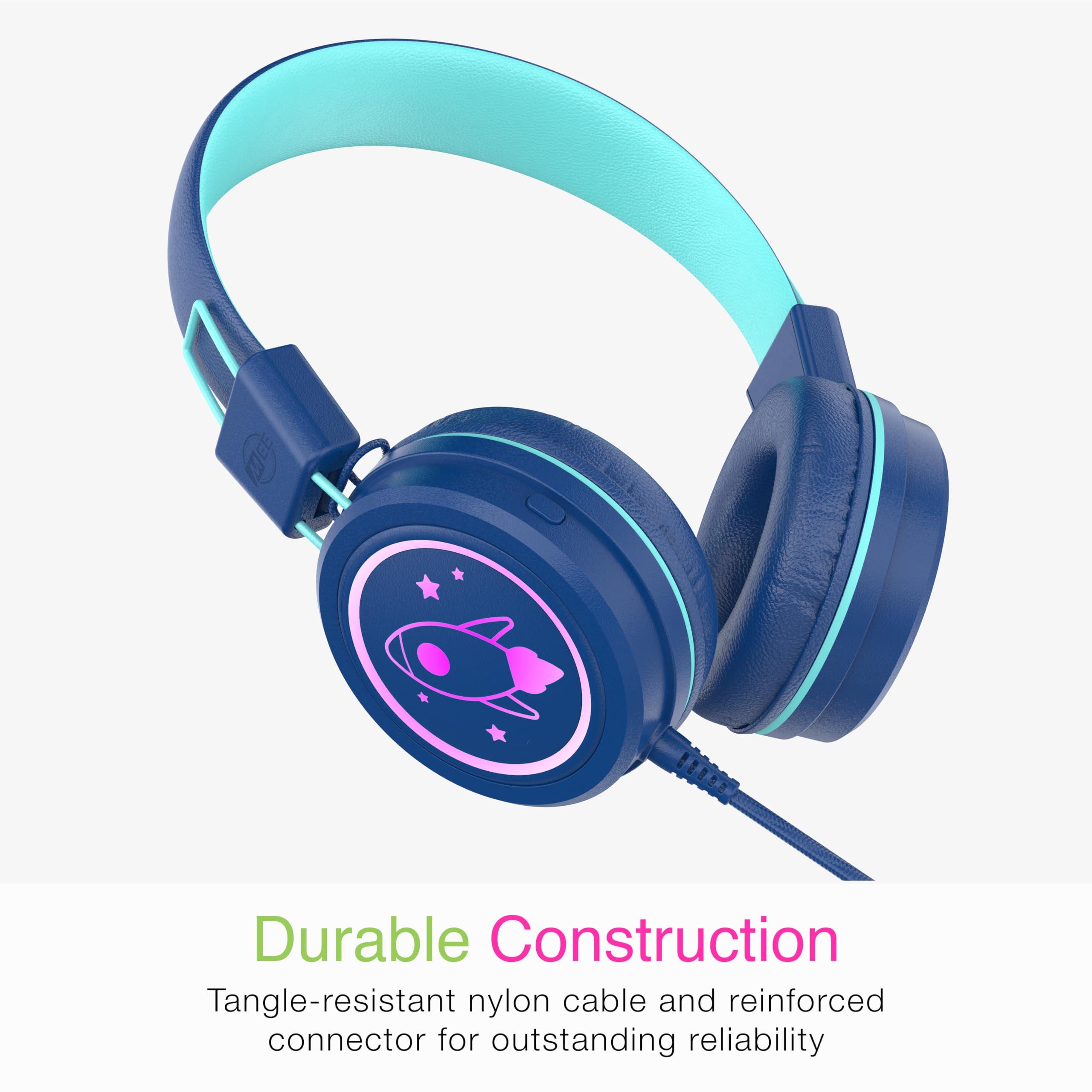 MEE audio MEE audio KidJamz KJ55 Safe Listening USB-C Headphones for Children with Multicolor LED Lights, Volume Limiter, & Microphone; On-Ear Wired Kids Headset for iPhone 16, iPad, & USB Type C Devices (Blue)