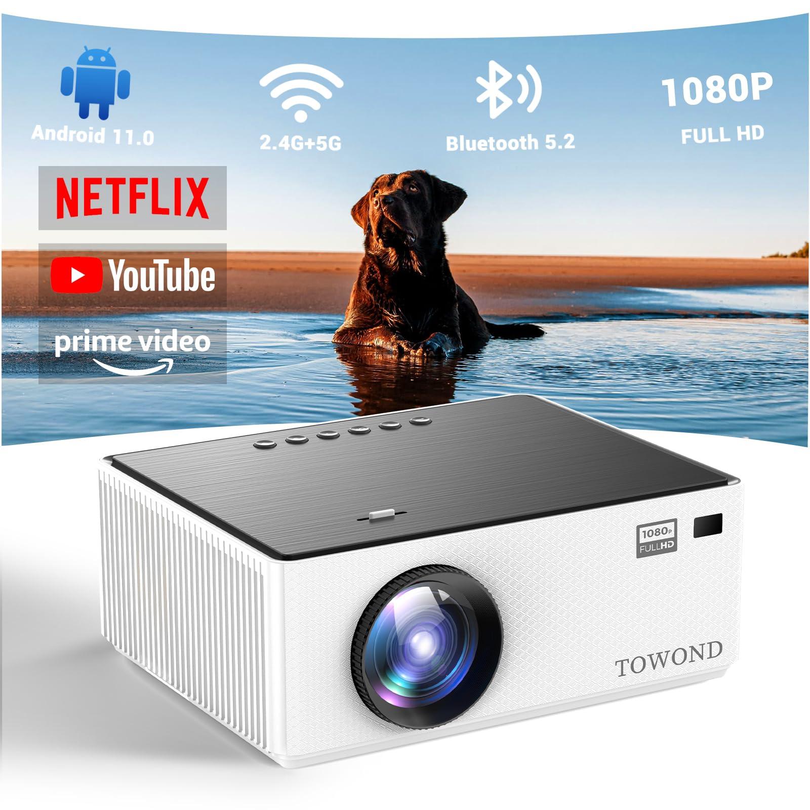 TOWOND Projector and Screen Outdoor Combo, Towond 120 inch Projection Screen with Stand Wrinkle-Free Foldable with Carry Bag, Mini Projector with Android TV 11.0 1080P Movie Projector with WiFi and Bluetooth