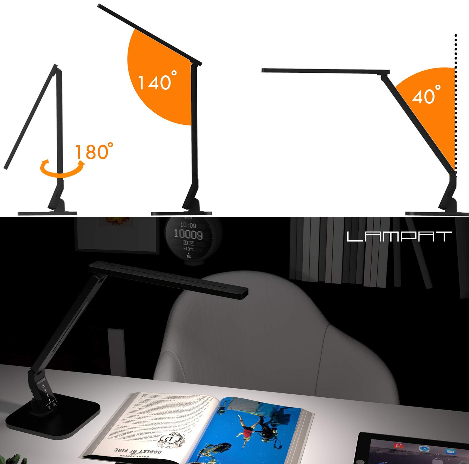 Lampat LAMPAT Dimmable LED Desk Lamp, 4 Lighting Modes (Reading/Studying/Relaxation/Bedtime), 5-Level Dimmer, Touch-Sensitive Control Panel, 1-Hour Auto Timer, 5V/1A USB Charging Port, Piano Black