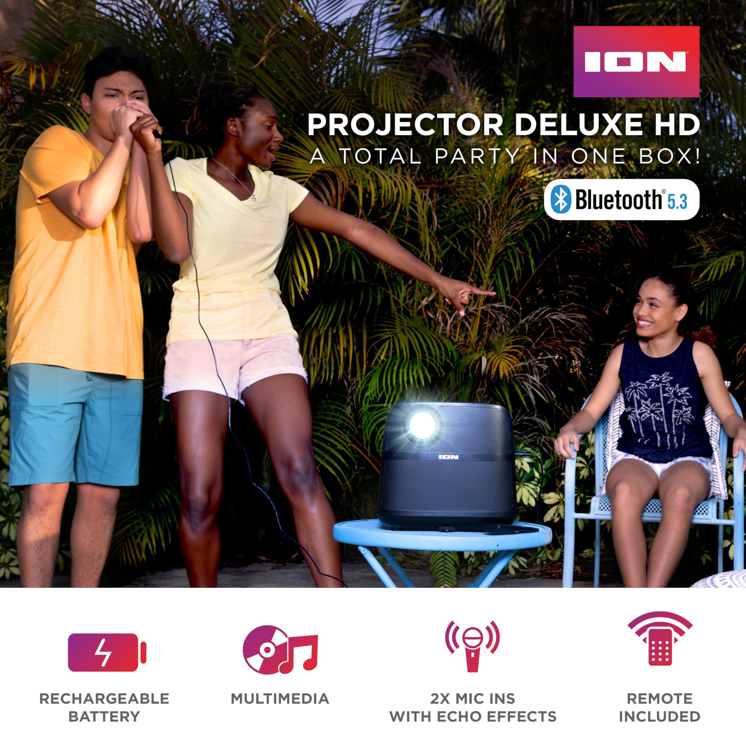 ION ION Portable Outdoor LED Projector with 70W Speakers, Bluetooth, Rechargeable Battery, Mic, USB and HDMI Connections, 720P HD