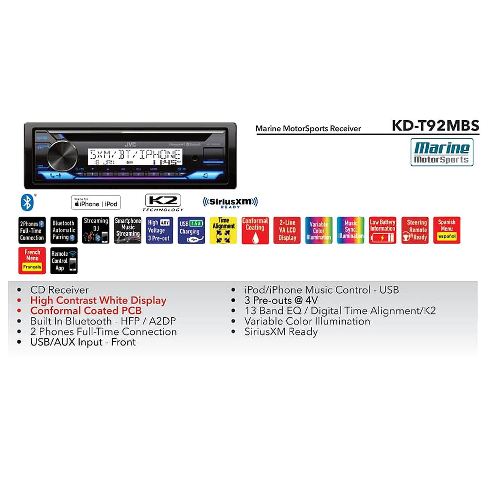 JVC JVC KD-T92MBS Single DIN Marine Motorsports USB Bluetooth AM/FM Stereo CD Player Receiver with 2X CS-MS620 6.5" 100 Watt Max Power 2-Way Boat Audio Speakers