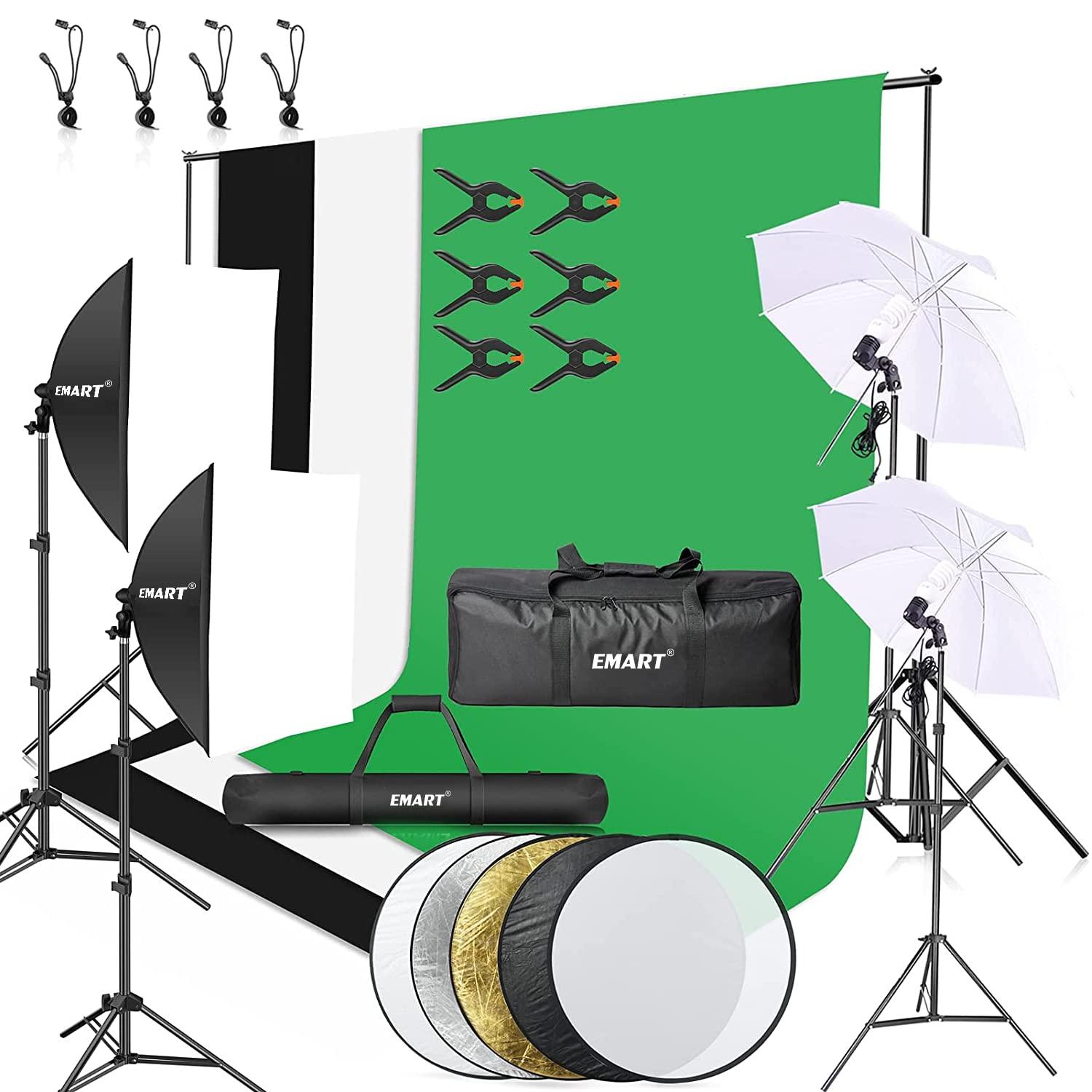 EMART EMART 8.5 x 10 ft Backdrop Support System, Photography Video Studio Lighting Kit Umbrella Softbox Set with 4X 105W & 4X 45W CFL Bulb Continuous Lighting for Photo Studio, Portrait and Video Shooting