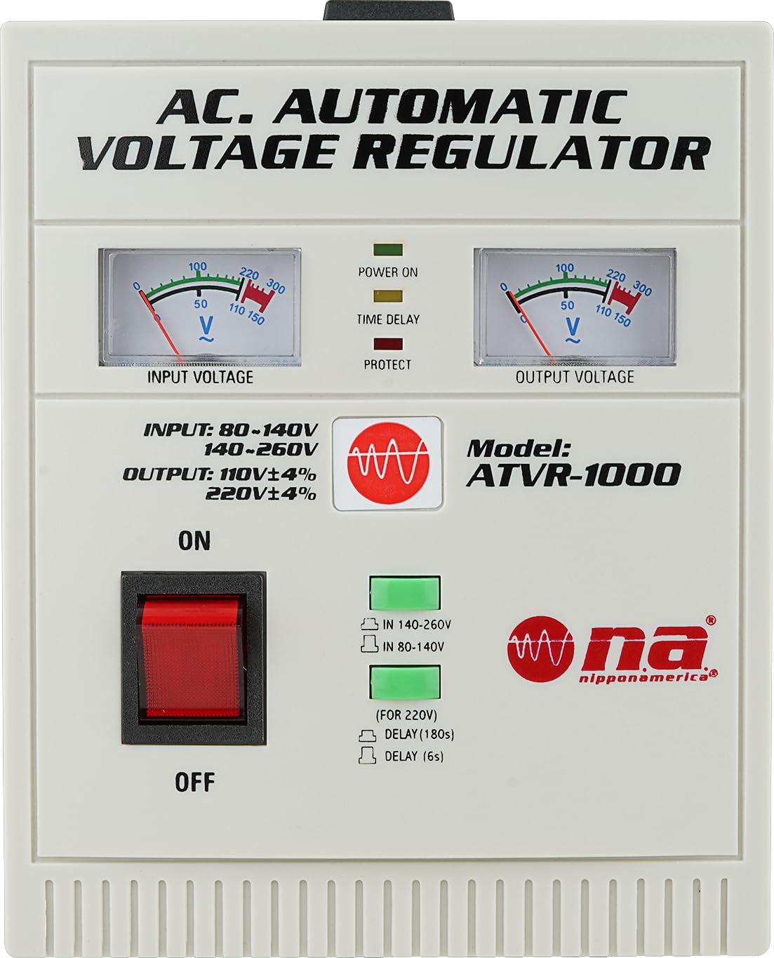 Nippon America Nippon America Automatic Voltage Regulator (ATVR-1000), 1000 Watts, CPU Control Circuit, Delay Function, Temperature Protection, Display, LED Indictor, Handle, 110V/220V Output