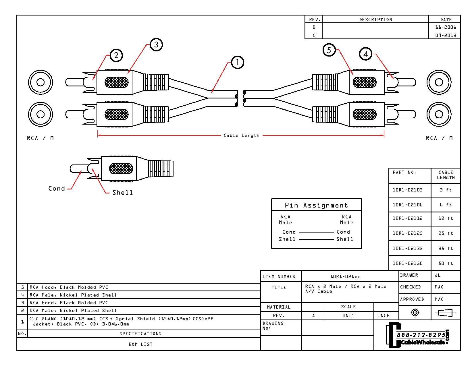 CableWholesale CableWholesale RCA Stereo Audio Cable, 2 RCA Male to Male Audio/Video Cable, 2 Channel (Left and Right) 26AWG, 50 feet, Black