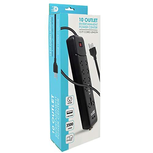 Digital Energy Digital Energy 10-Outlet Straight Plug 3500 Joules Heavy Duty Surge Protector Power Strip, 25 Foot Long Extension Cord, 15 AMP, 15 FT, Black