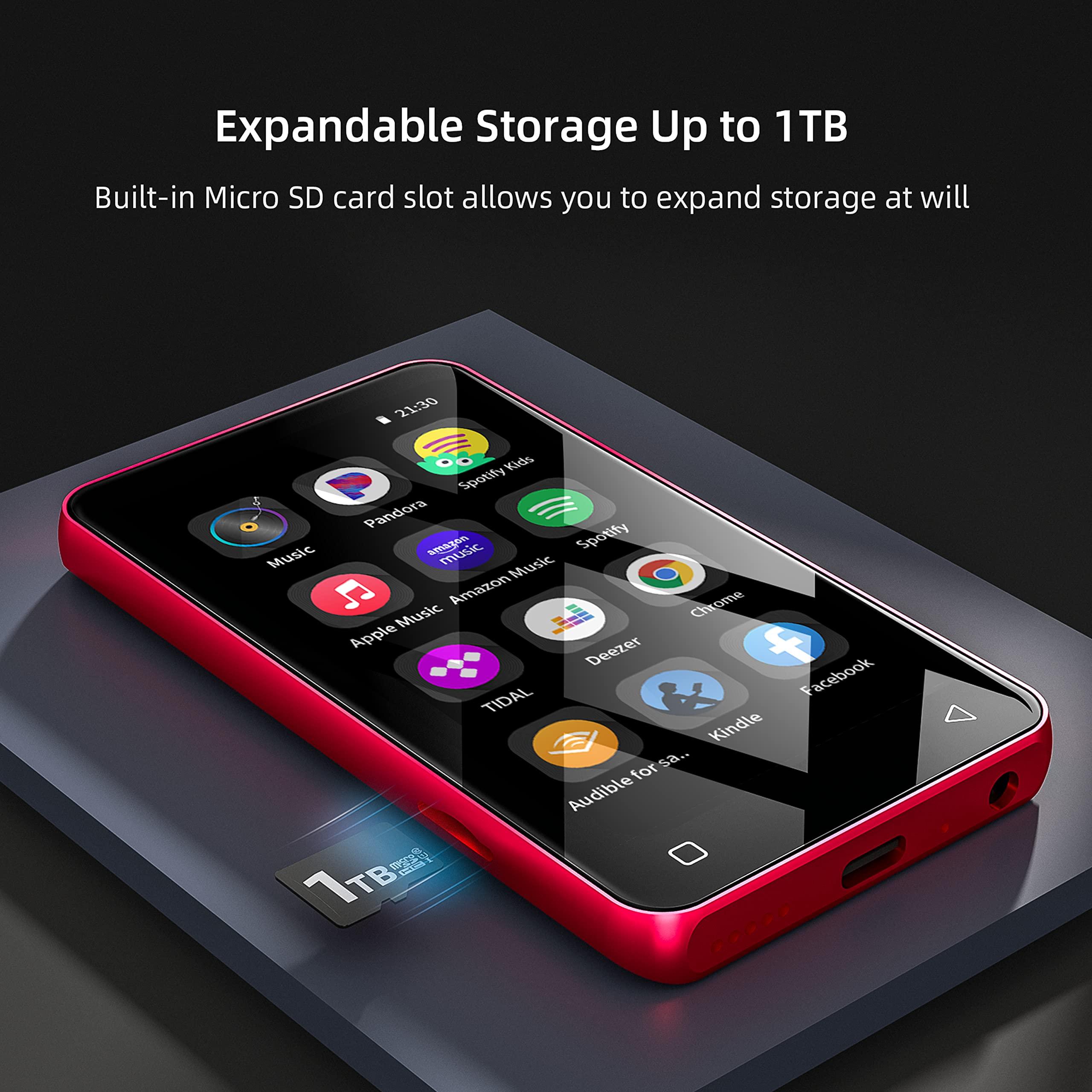 innioasis MP3 Player with Bluetooth and WiFi,MP3 Player with Spotify,Spotify Kids,Audible,Pandora,Amazon Music,4\" Music Player MP4 Up to 1TB(80GB,Red_Black)