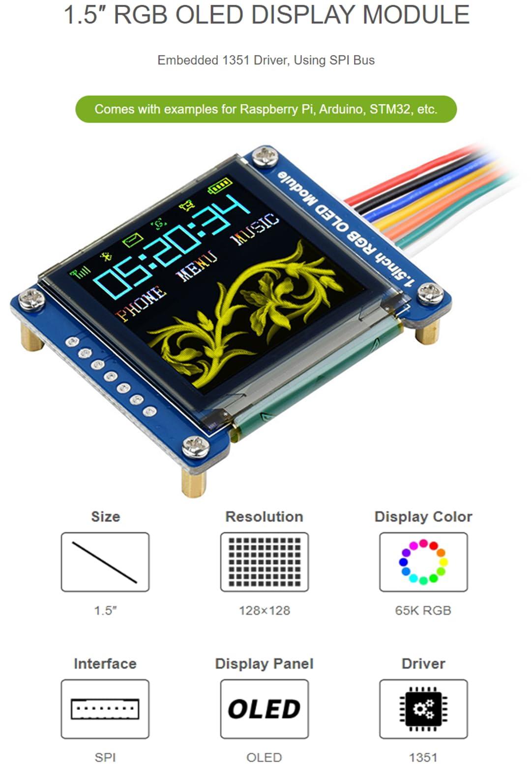Wonrabai 1.5inch RGB OLED Display Module 128128 Pixels, 65K RGB Display Colors, SPI Interface Compatible with Raspberry Pi 5/ Pi 4B/ Pi 3B+ Pi3B/ Pi Zero/Pi Zero 2W/Arduino/STM32, etc.