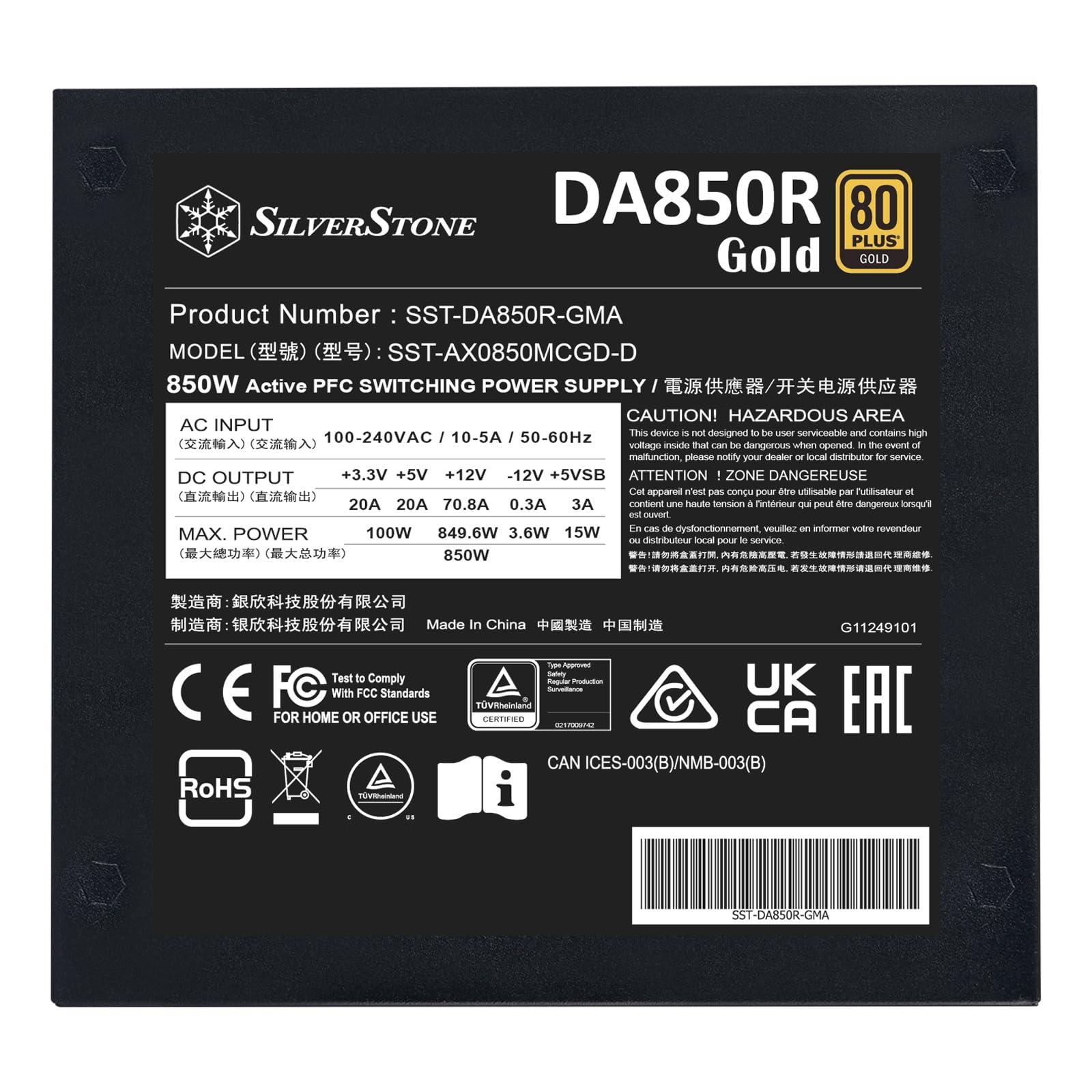 SilverStone Technology SilverStone Technology DA850R Gold 80 Plus Gold 850W ATX 3.0 & PCIe 5.0 Power Supply, SST-DA850R-GMA (SST-AX0850MCGD-C)