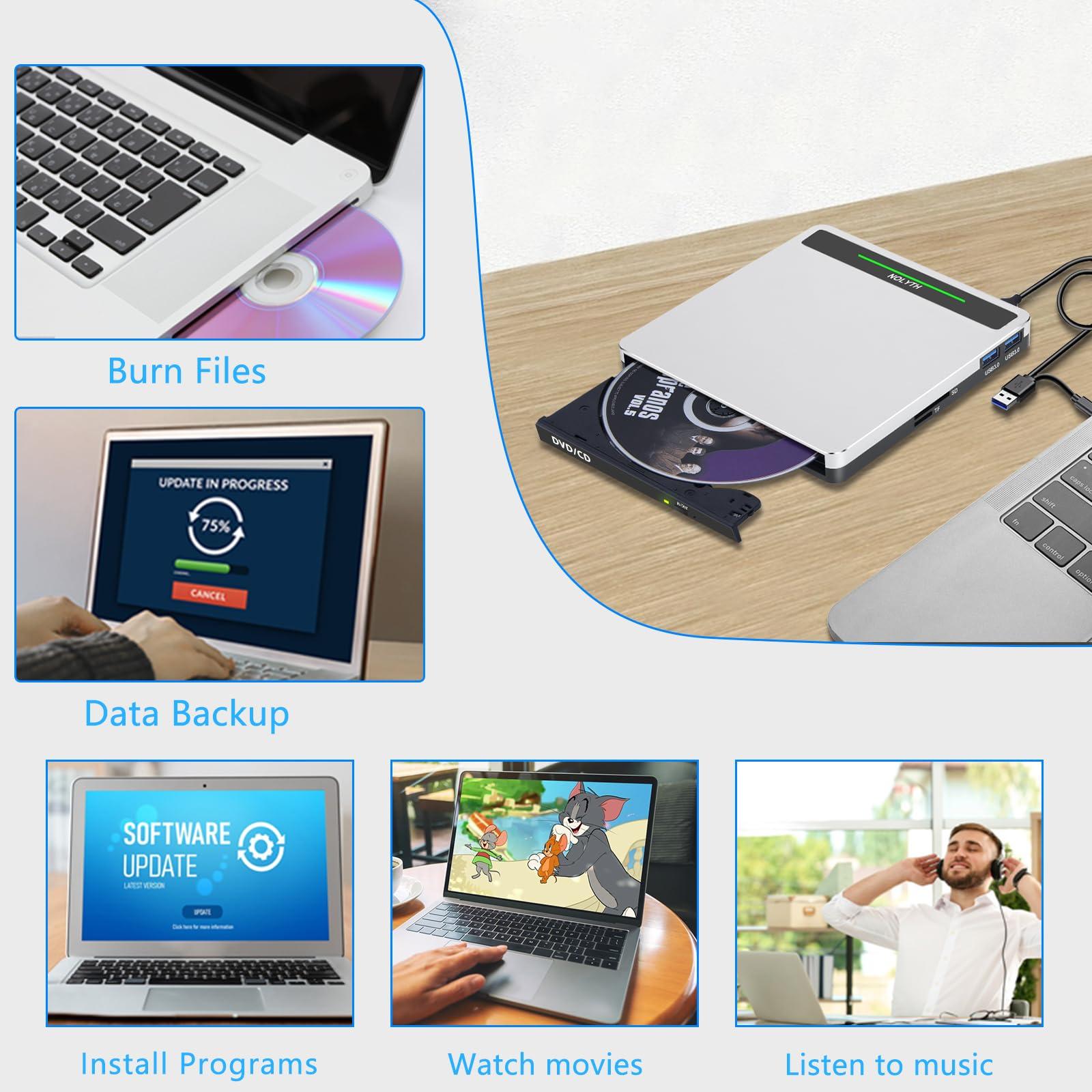 NOLYTH NOLYTH External CD Drive for Apple Mac, USB DVD Drive External DVD Player CD ROM Burner with SD TF 2 USB Ports, Portable Optical Disk Reader for Laptop PC Windows Desktop