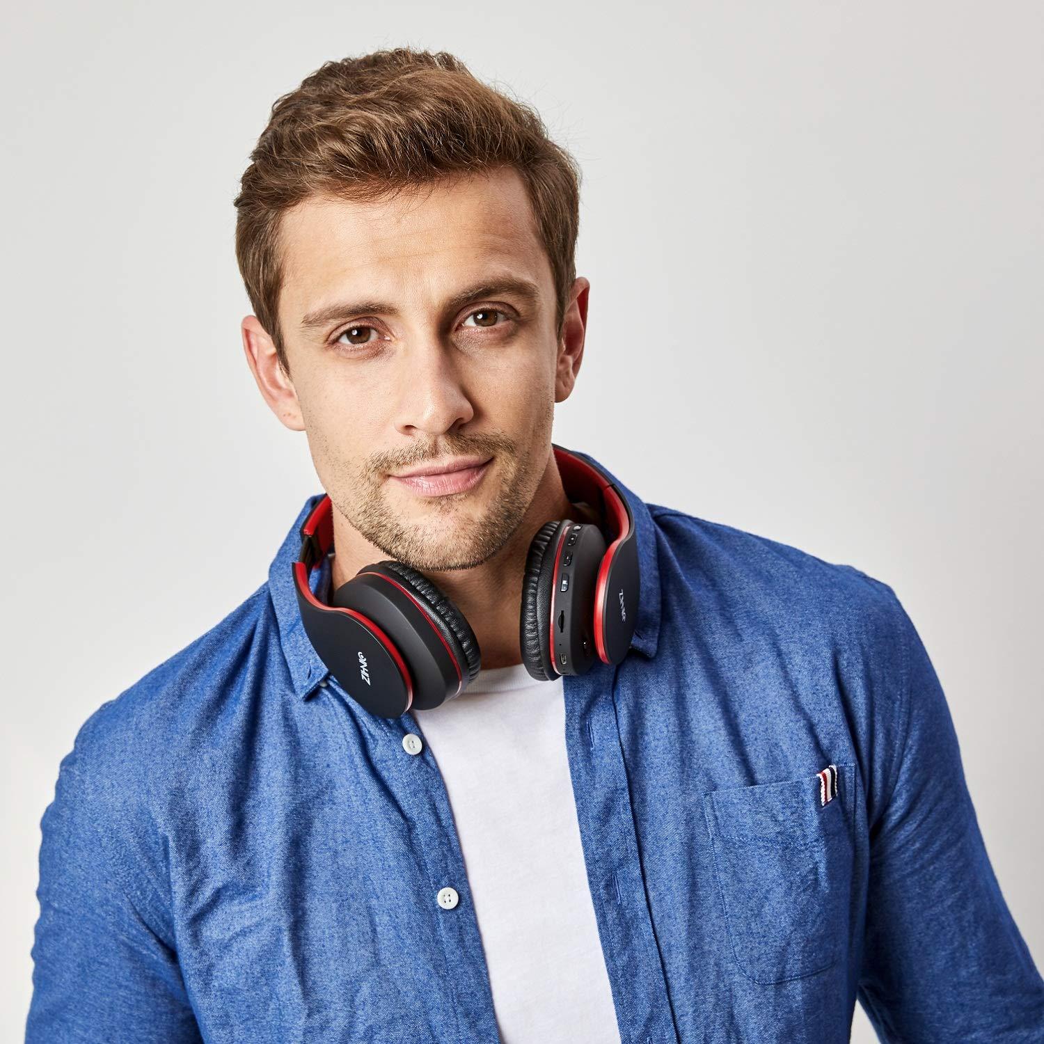 ZIHNIC ZIHNIC Bluetooth Headphones Over-Ear, Foldable Wireless and Wired Stereo Headset Micro SD/TF, FM for Cell Phone,PC,Soft Earmuffs &Light Weight for Prolonged Wearing (Black/red)