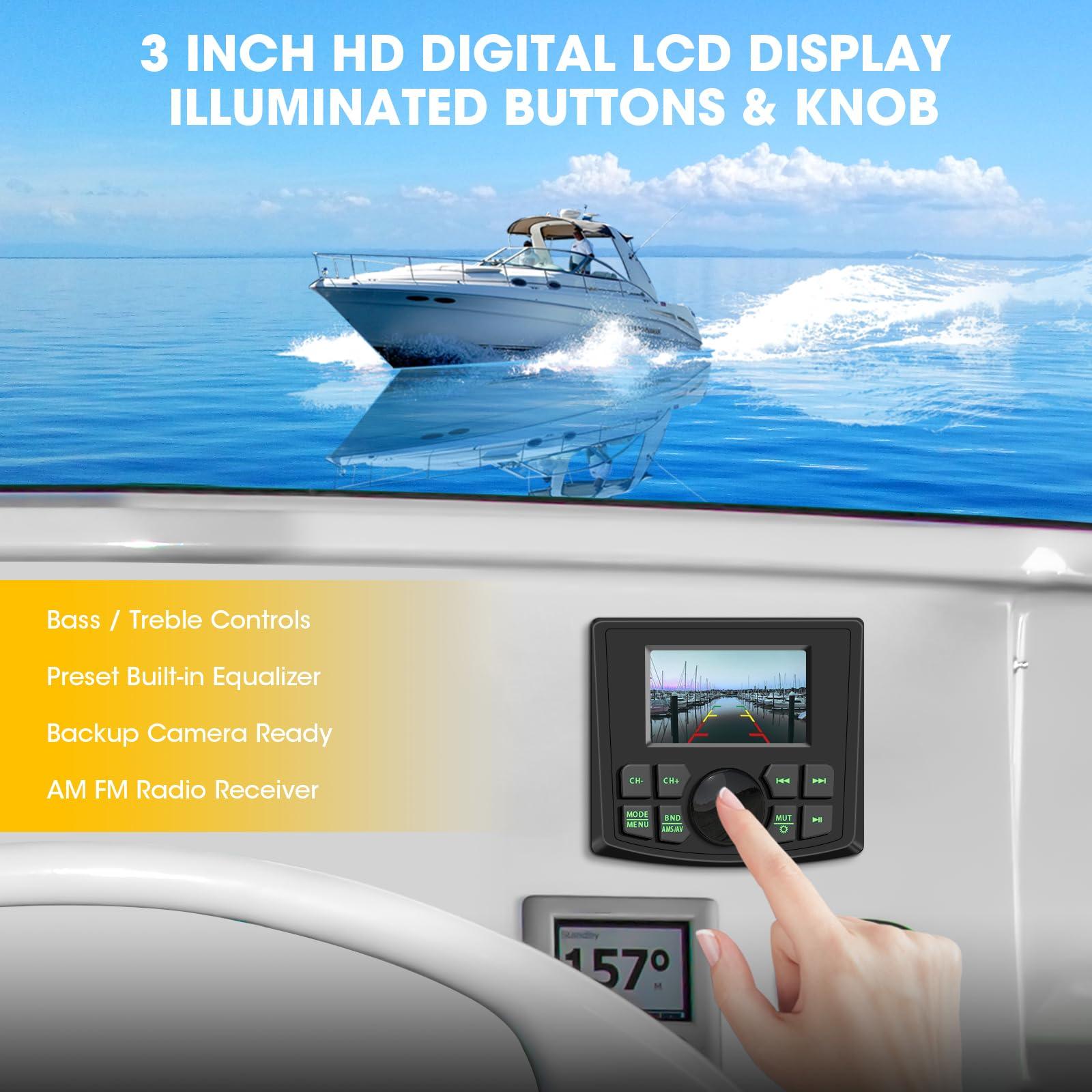 DOVOX Waterproof Marine Radio Stereo for Boat: Bluetooth Marine Digital Media MP5 Player with 3 Inch LCD Display AM FM AUX USB EQ Subwoofer