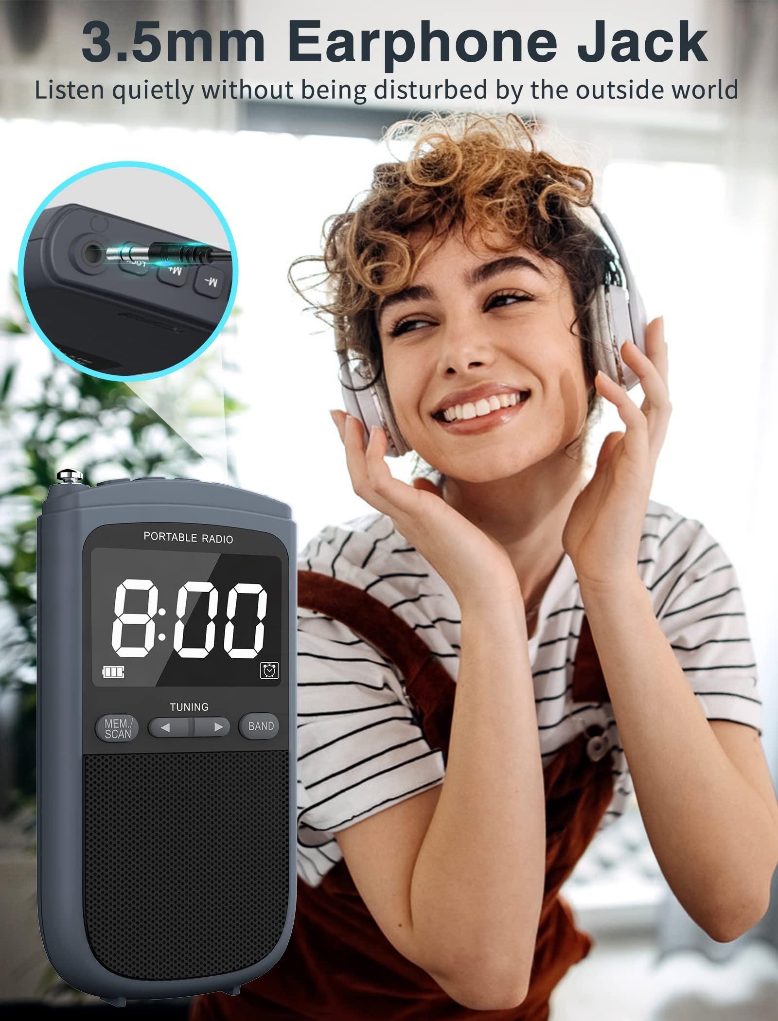 Jazmm AM FM Walkman Radio:900mAh Rechargeable Portable Transistor Pocket Radio with Best Reception Digital Tuning, LCD Screen,Stereo Earphone Jack, Sleep Timer and Alarm Clock for Jogging,Walking Grey