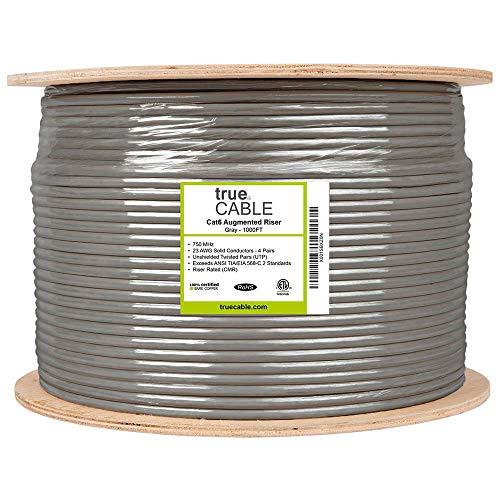 TRUE CABLE trueCABLE Cat6A Riser (CMR), 1000ft, Gray, 23AWG 4 Pair Solid Bare Copper, 750MHz, PoE++ (4PPoE), ETL Listed, Unshielded Twisted Pair (UTP), Bulk Ethernet Cable