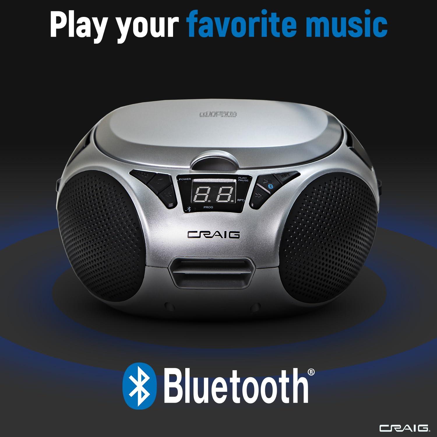 Craig Craig CD6925 Portable Top-Loading Stereo CD Boombox with AM/FM Stereo Radio Bluetooth Wireless and AUX Port (Silver, Bluetooth)