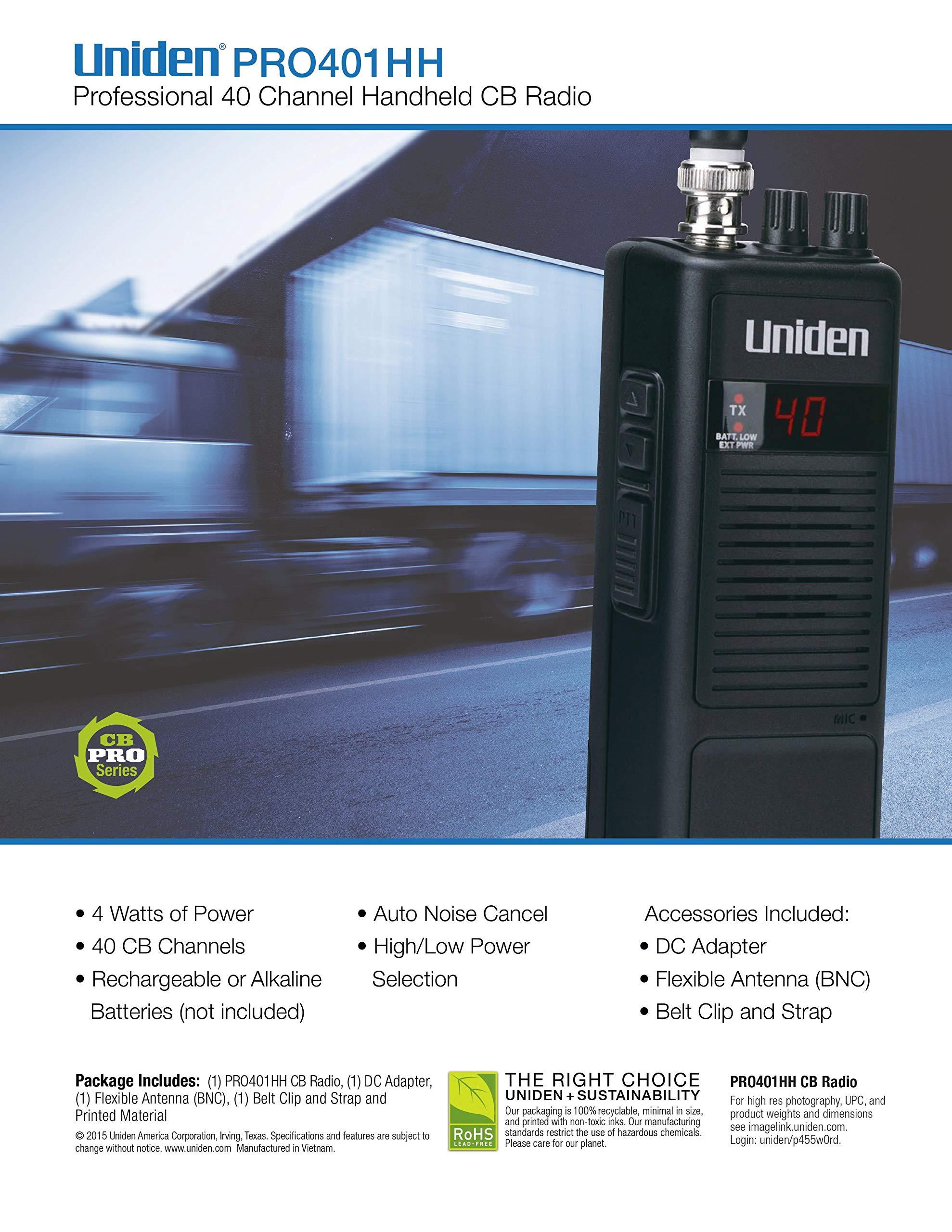 Uniden Uniden PRO401HH Professional Series 40 Channel Handheld CB Radio, 4 Watts Power with Hi/Low Power Switch, Auto noise cancellation, Belt Clip And Strap Included, 2.75in. x 4.33in. x 8.66in.