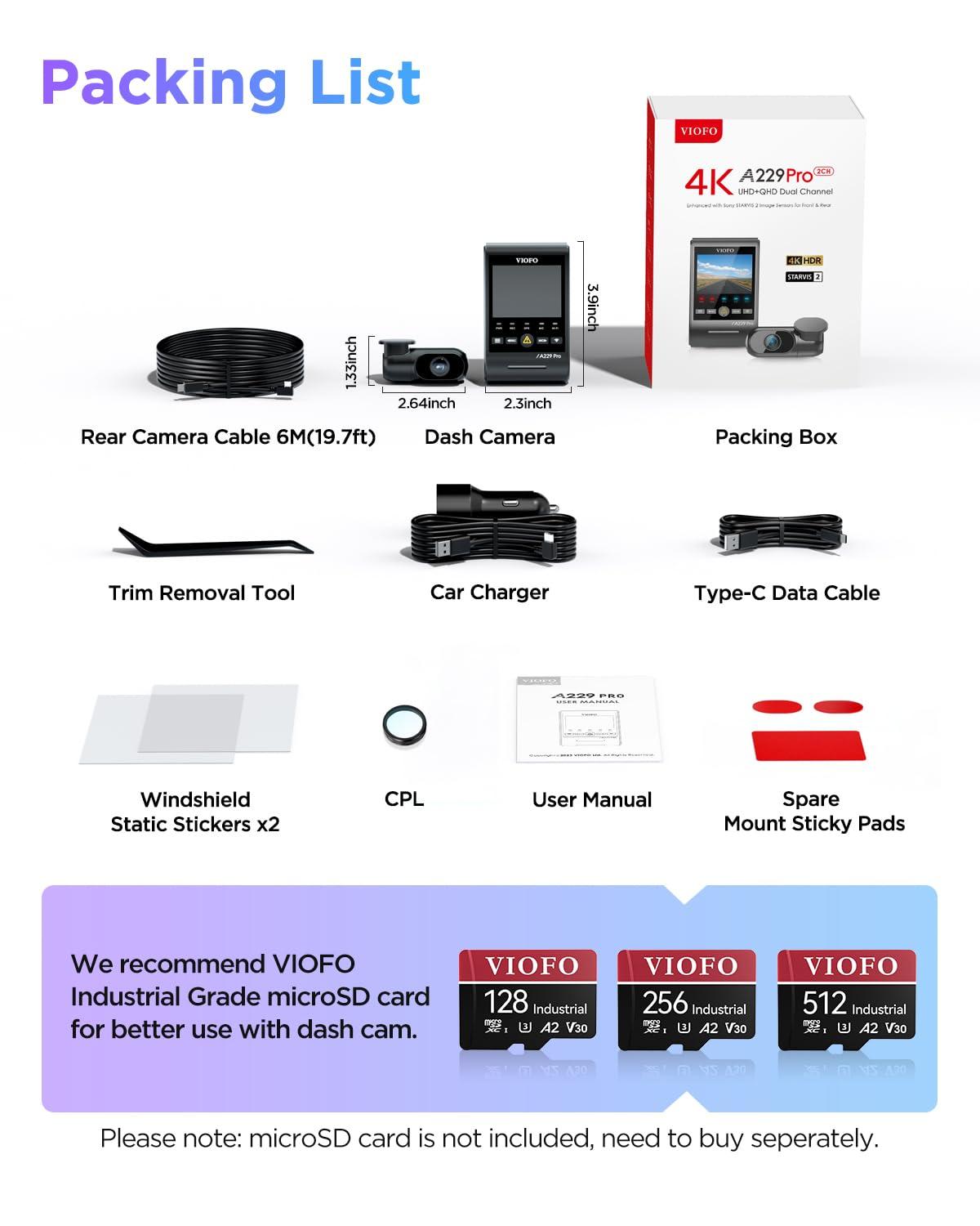 VIOFO VIOFO A229 Pro 4K HDR Dash Cam, Dual STARVIS 2 IMX678 IMX675, 4K+2K Front and Rear Car Camera, 2 Channel with HDR, Voice Control, 5GHz WiFi GPS, Night Vision 2.0, 24H Parking Mode, Support 512GB Max