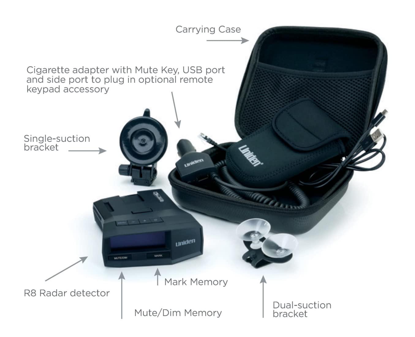 Uniden UNIDEN R8 Extreme Long-Range Radar/Laser Detector, Dual-Antennas Front & Rear Detection w/Directional Arrows, Built-in GPS w/Real-Time Alerts, Voice Alerts, Red Light Camera,Speed Camera Alerts,Black